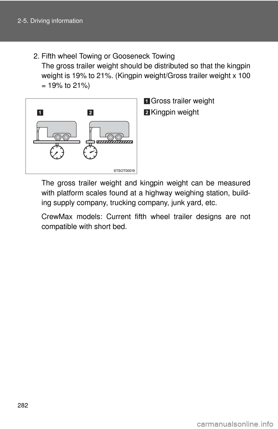 TOYOTA TUNDRA 2012 2.G Owners Manual 282 2-5. Driving information
2. Fifth wheel Towing or Gooseneck TowingThe gross trailer weight should be distributed so that the kingpin
weight is 19% to 21%. (Kingpin weight/Gross trailer weight x TOYOTA TUNDRA 2012 2.G Owners Manual 282 2-5. Driving information
2. Fifth wheel Towing or Gooseneck TowingThe gross trailer weight should be distributed so that the kingpin
weight is 19% to 21%. (Kingpin weight/Gross trailer weight x