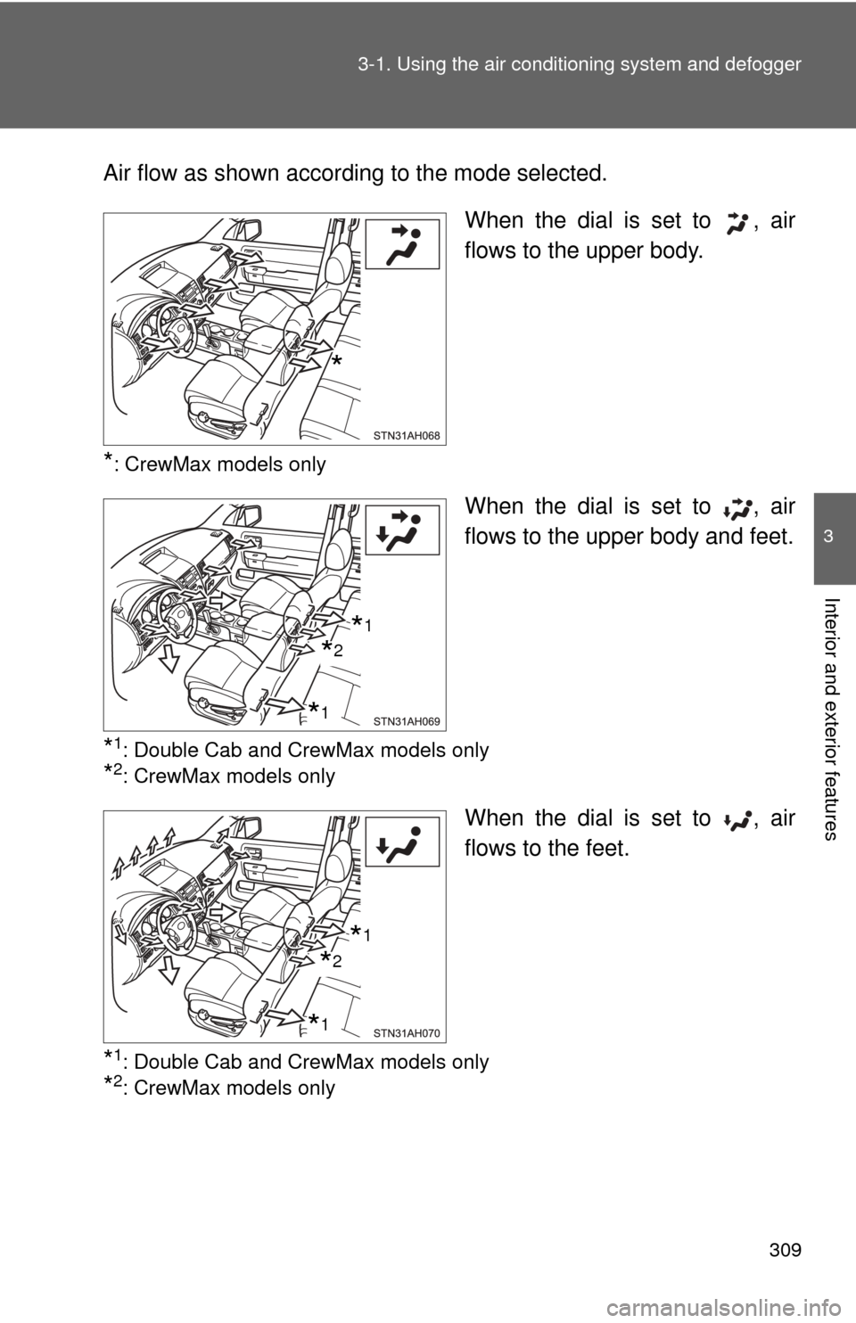 TOYOTA TUNDRA 2012 2.G Owners Manual 309
3-1. Using the air conditioning system
 and defogger
3
Interior and exterior features
Air flow as shown according to the mode selected.
When the dial is set to  , air
flows to the upper body.
*: C