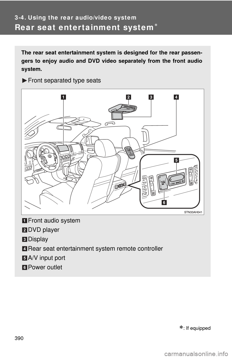TOYOTA TUNDRA 2012 2.G Owners Manual 390
3-4. Using the rear audio/video system
Rear seat entertainment system
: If equipped
The rear seat entertainment system is designed for the rear passen-
gers to enjoy audio and DVD vide o sep