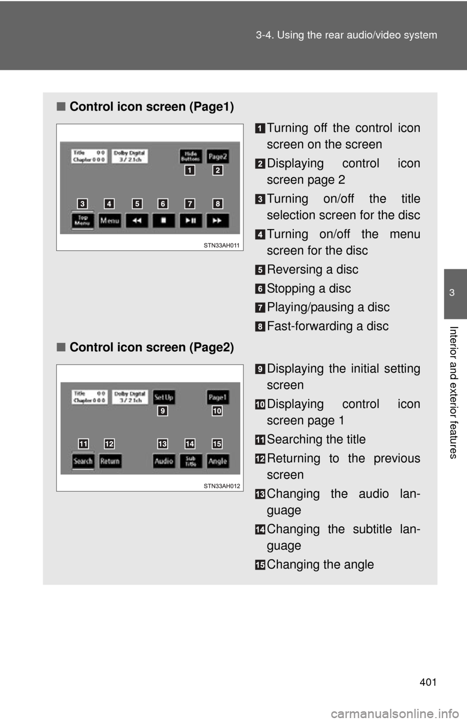 TOYOTA TUNDRA 2012 2.G Owners Manual 401
3-4. Using the rear audio/video system
3
Interior and exterior features
■
Control icon screen (Page1)
Turning off the control icon
screen on the screen
Displaying control icon
screen page 2
Turn TOYOTA TUNDRA 2012 2.G Owners Manual 401
3-4. Using the rear audio/video system
3
Interior and exterior features
■
Control icon screen (Page1)
Turning off the control icon
screen on the screen
Displaying control icon
screen page 2
Turn