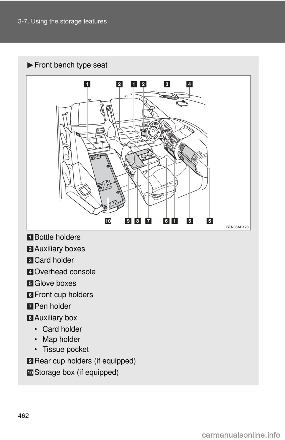 TOYOTA TUNDRA 2012 2.G Owners Manual 462 3-7. Using the storage features
Front bench type seat
Bottle holders
Auxiliary boxes
Card holder
Overhead console
Glove boxes
Front cup holders
Pen holder
Auxiliary box
• Card holder
• Map hol