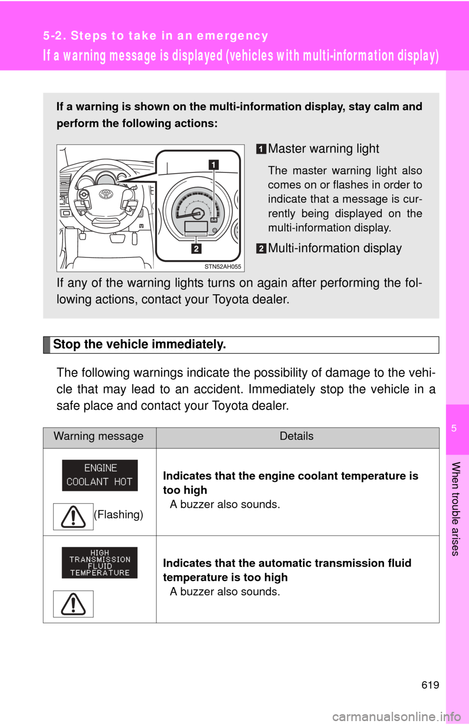 TOYOTA TUNDRA 2012 2.G Owners Manual 5
When trouble arises
619
5-2. Steps to take in an emergency
If a war ning message is displayed (vehicles with multi-infor mation display)
Stop the vehicle immediately.The following warnings indicate TOYOTA TUNDRA 2012 2.G Owners Manual 5
When trouble arises
619
5-2. Steps to take in an emergency
If a war ning message is displayed (vehicles with multi-infor mation display)
Stop the vehicle immediately.The following warnings indicate