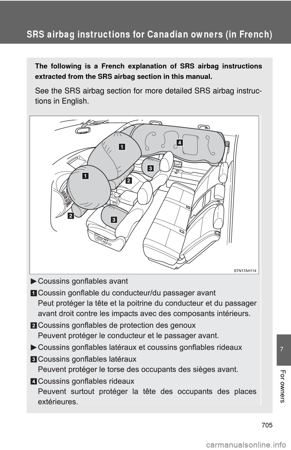 TOYOTA TUNDRA 2012 2.G Owners Manual 705
7
For owners
SRS airbag instructions for Canadian owners (in French)
The following is a French explanation of SRS airbag instructions
extracted from the SRS airbag section in this manual.
See the 