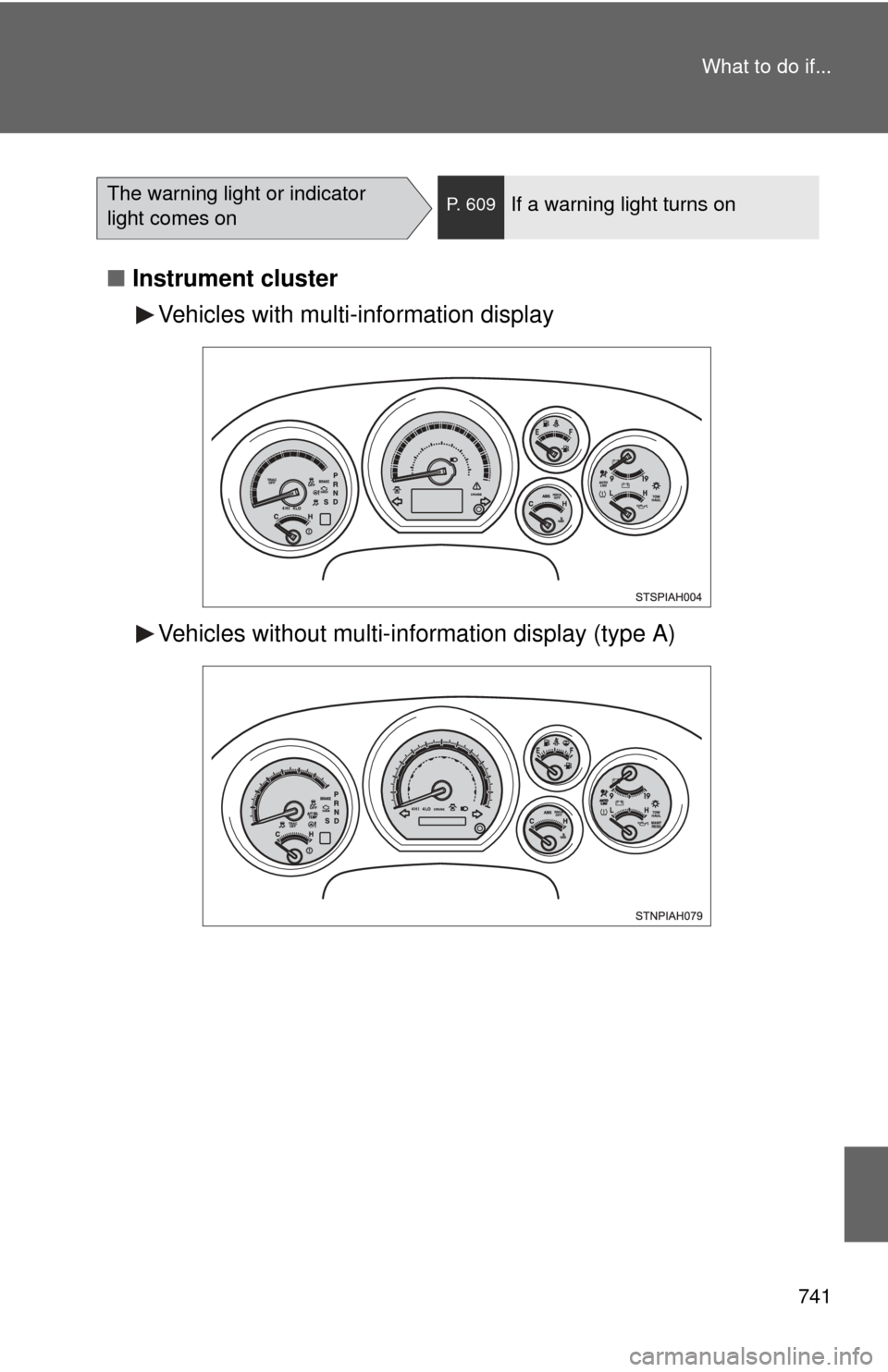TOYOTA TUNDRA 2012 2.G Owners Manual 741
What to do if...
■
Instrument cluster
Vehicles with multi-information display
Vehicles without multi-in formation display (type A)
The warning light or indicator
light comes onP. 609If a warnin TOYOTA TUNDRA 2012 2.G Owners Manual 741
What to do if...
■
Instrument cluster
Vehicles with multi-information display
Vehicles without multi-in formation display (type A)
The warning light or indicator
light comes onP. 609If a warnin