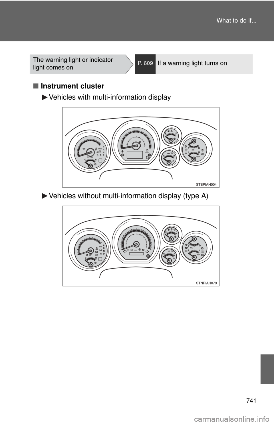 TOYOTA TUNDRA 2012 2.G Owners Manual 741
What to do if...
■
Instrument cluster
Vehicles with multi-information display
Vehicles without multi-in formation display (type A)
The warning light or indicator 
light comes onP. 609If a warnin