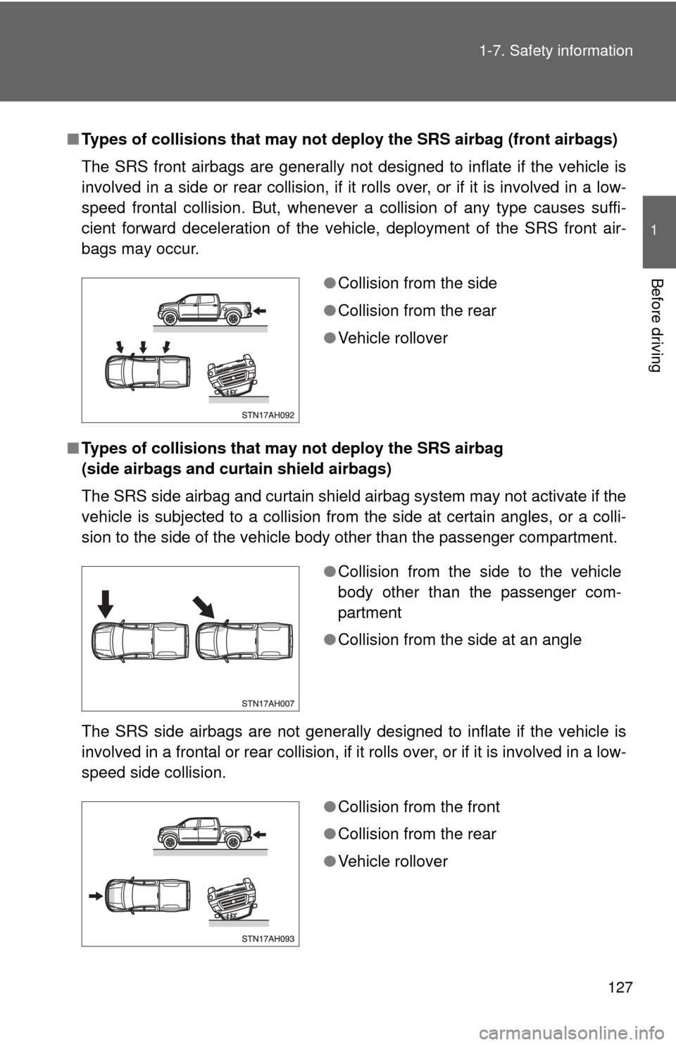TOYOTA TUNDRA 2013 2.G Owners Manual 127
1-7. Safety information
1
Before driving
■
Types of collisions that may not depl oy the SRS airbag (front airbags)
The SRS front airbags are generally not designed to inflate if the vehicle is
TOYOTA TUNDRA 2013 2.G Owners Manual 127
1-7. Safety information
1
Before driving
■
Types of collisions that may not depl oy the SRS airbag (front airbags)
The SRS front airbags are generally not designed to inflate if the vehicle is