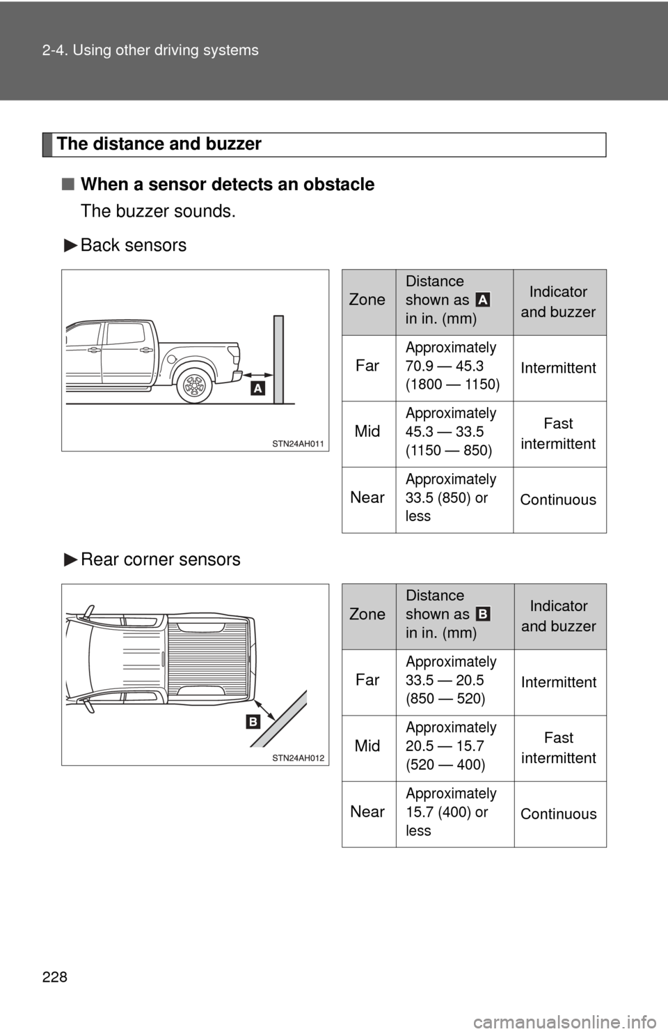 TOYOTA TUNDRA 2013 2.G Owners Manual 228 2-4. Using other driving systems
The distance and buzzer■ When a sensor detects an obstacle
The buzzer sounds.
Back sensors
Rear corner sensors
Zone
Distance 
shown as   
in in. (mm)Indicator 
a