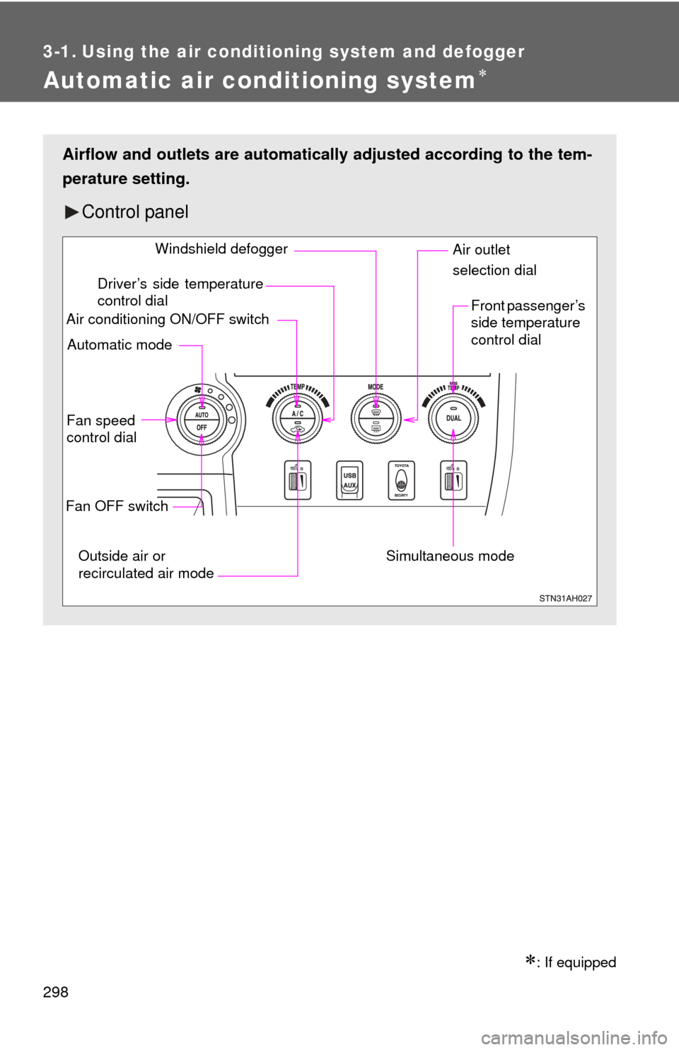 TOYOTA TUNDRA 2013 2.G Owners Manual 298
3-1. Using the air conditioning system and defogger
Automatic air conditioning system
: If equipped
Airflow and outlets are automatically adjusted according to the tem-
perature setting.
Con TOYOTA TUNDRA 2013 2.G Owners Manual 298
3-1. Using the air conditioning system and defogger
Automatic air conditioning system
: If equipped
Airflow and outlets are automatically adjusted according to the tem-
perature setting.
Con