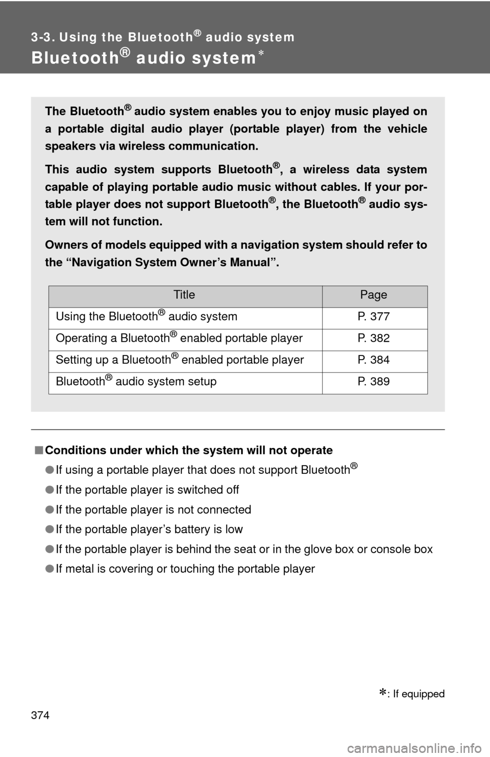 TOYOTA TUNDRA 2013 2.G Owners Manual 374
3-3. Using the Bluetooth® audio system
Bluetooth® audio system
: If equipped
■Conditions under which th e system will not operate
● If using a portable player that does not support Blu