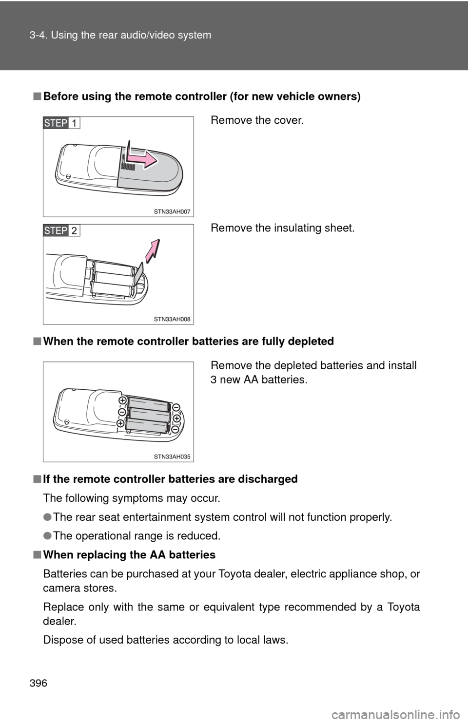 TOYOTA TUNDRA 2013 2.G Owners Manual 396 3-4. Using the rear audio/video system
■Before using the remote controller (for new vehicle owners)
■ When the remote controller batteries are fully depleted
■ If the remote controller batte