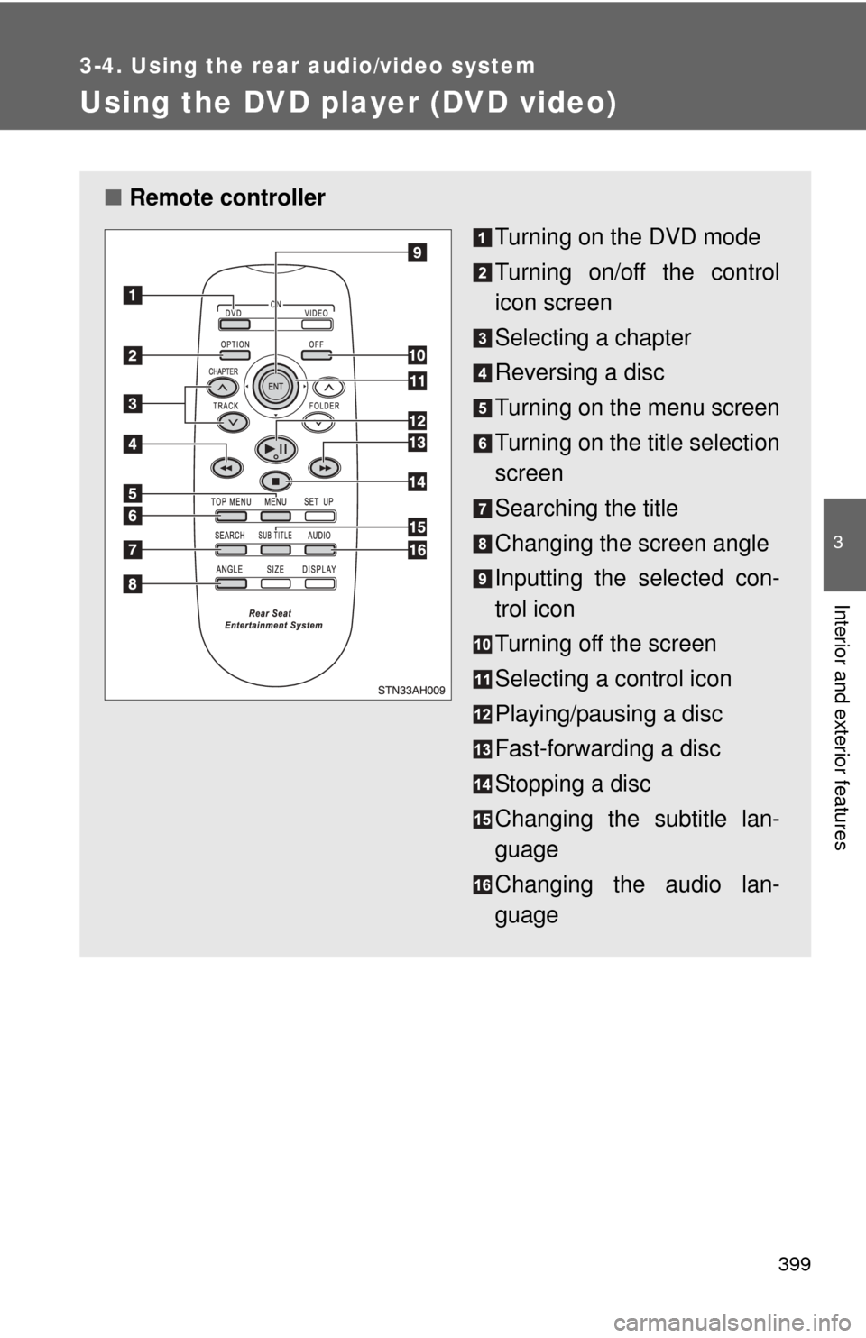 TOYOTA TUNDRA 2013 2.G Owners Manual 399
3-4. Using the rear audio/video system
3
Interior and exterior features
Using the DVD player (DVD video)
■Remote controller
Turning on the DVD mode 
Turning on/off the control
icon screen
Select
