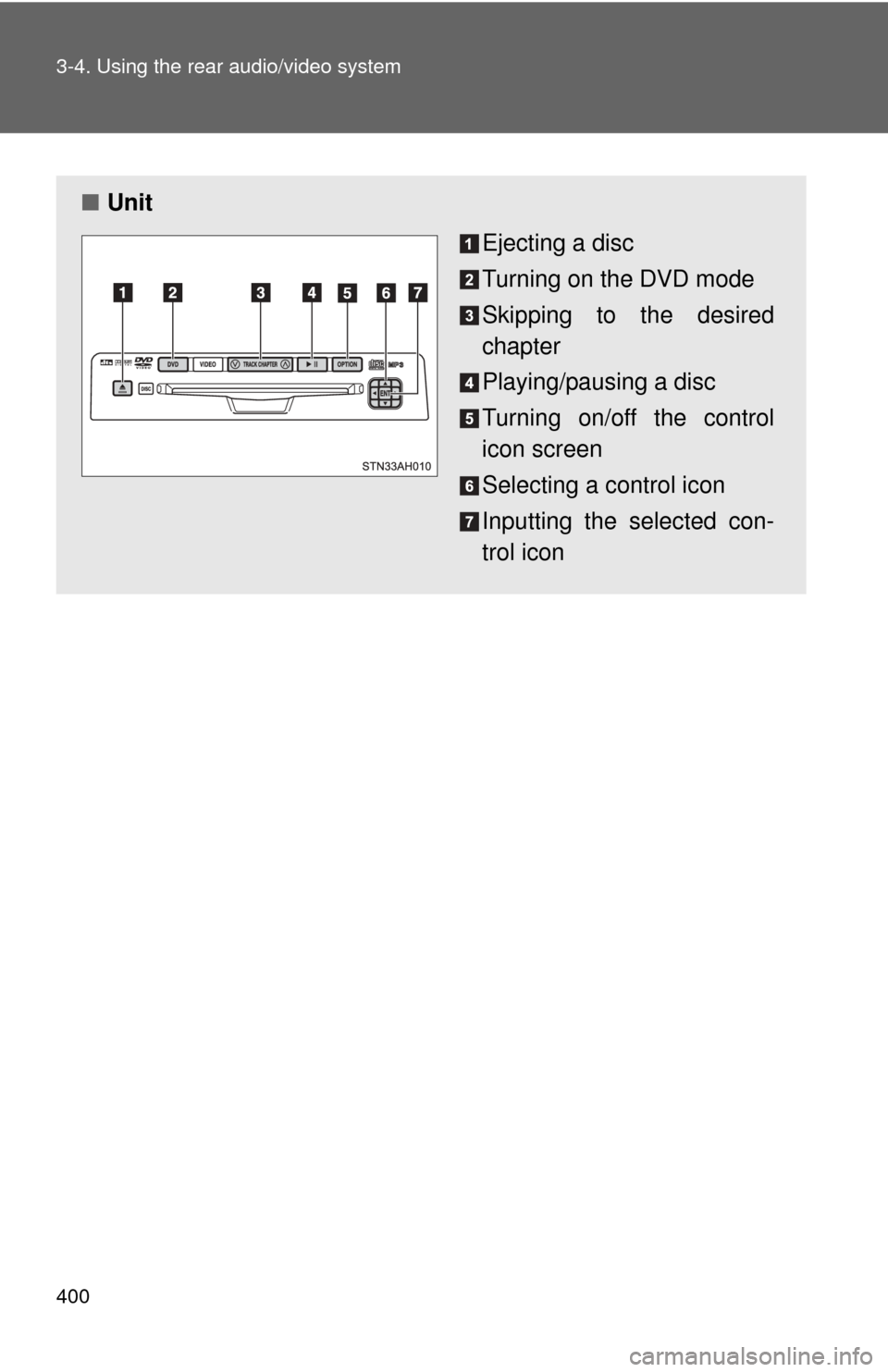 TOYOTA TUNDRA 2013 2.G Owners Manual 400 3-4. Using the rear audio/video system
■Unit
Ejecting a disc
Turning on the DVD mode
Skipping to the desired
chapter
Playing/pausing a disc
Turning on/off the control
icon screen
Selecting a con