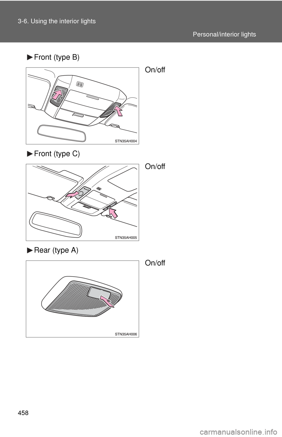TOYOTA TUNDRA 2013 2.G Owners Manual 458 3-6. Using the interior lights
Front (type B)On/off
Front (type C) On/off
Rear (type A) On/off
Personal/interior lights 