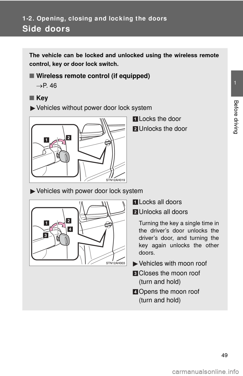 TOYOTA TUNDRA 2013 2.G Owners Manual 49
1
1-2. Opening, closing and locking the doors
Before driving
Side doors
The vehicle can be locked and unlocked using the wireless remote
control, key or door lock switch.
■Wireless remote control TOYOTA TUNDRA 2013 2.G Owners Manual 49
1
1-2. Opening, closing and locking the doors
Before driving
Side doors
The vehicle can be locked and unlocked using the wireless remote
control, key or door lock switch.
■Wireless remote control