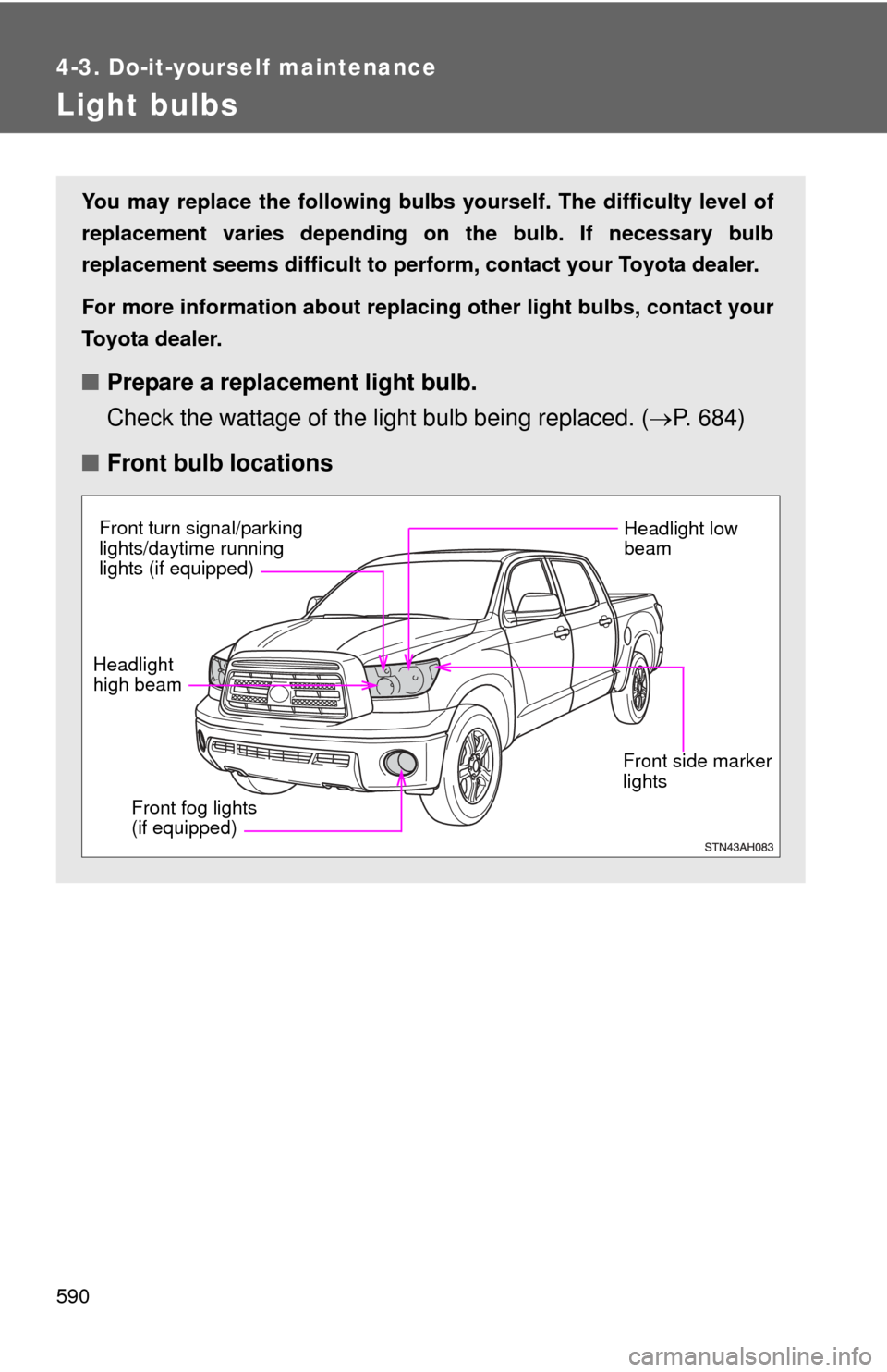 TOYOTA TUNDRA 2013 2.G Owners Manual 590
4-3. Do-it-yourself maintenance
Light bulbs
You may replace the following bulbs yourself. The difficulty level of
replacement varies depending on the bulb. If necessary bulb
replacement seems diff TOYOTA TUNDRA 2013 2.G Owners Manual 590
4-3. Do-it-yourself maintenance
Light bulbs
You may replace the following bulbs yourself. The difficulty level of
replacement varies depending on the bulb. If necessary bulb
replacement seems diff