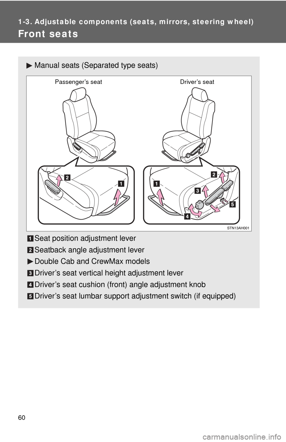 TOYOTA TUNDRA 2013 2.G Owners Manual 60
1-3. Adjustable components (seats, mirrors, steering wheel)
Front seats
Manual seats (Separated type seats)
Seat position adjustment lever
Seatback angle adjustment lever
Double Cab and CrewMax mod
