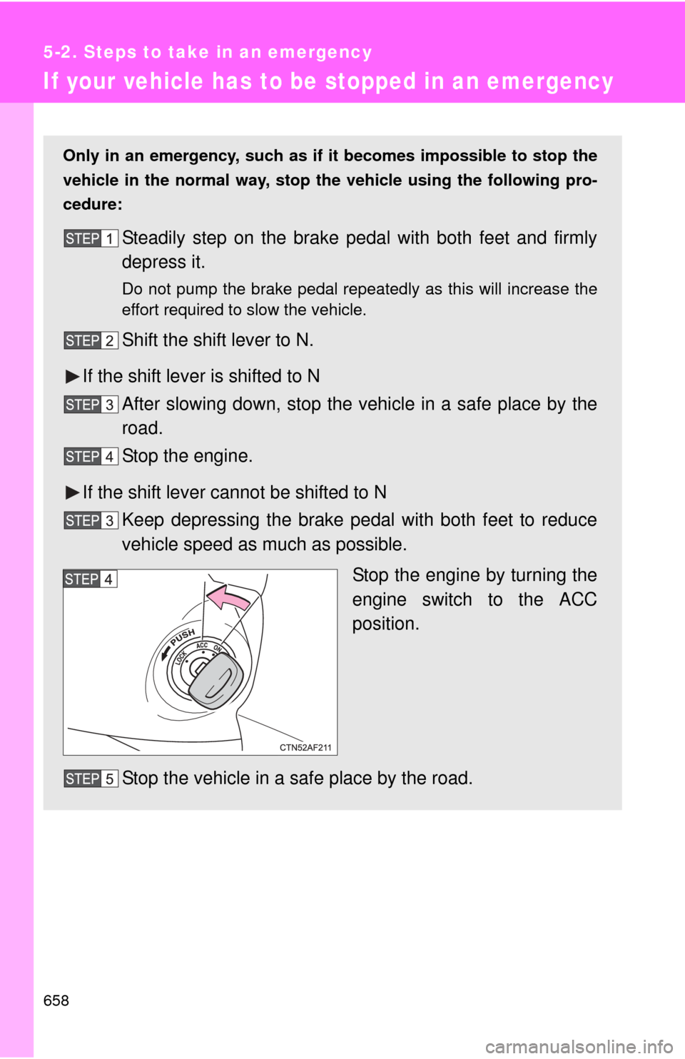 TOYOTA TUNDRA 2013 2.G Owners Manual 658
5-2. Steps to take in an emergency
If your vehicle has to be stopped in an emergency
Only in an emergency, such as if  it becomes impossible to stop the
vehicle in the normal way, stop  the vehicl