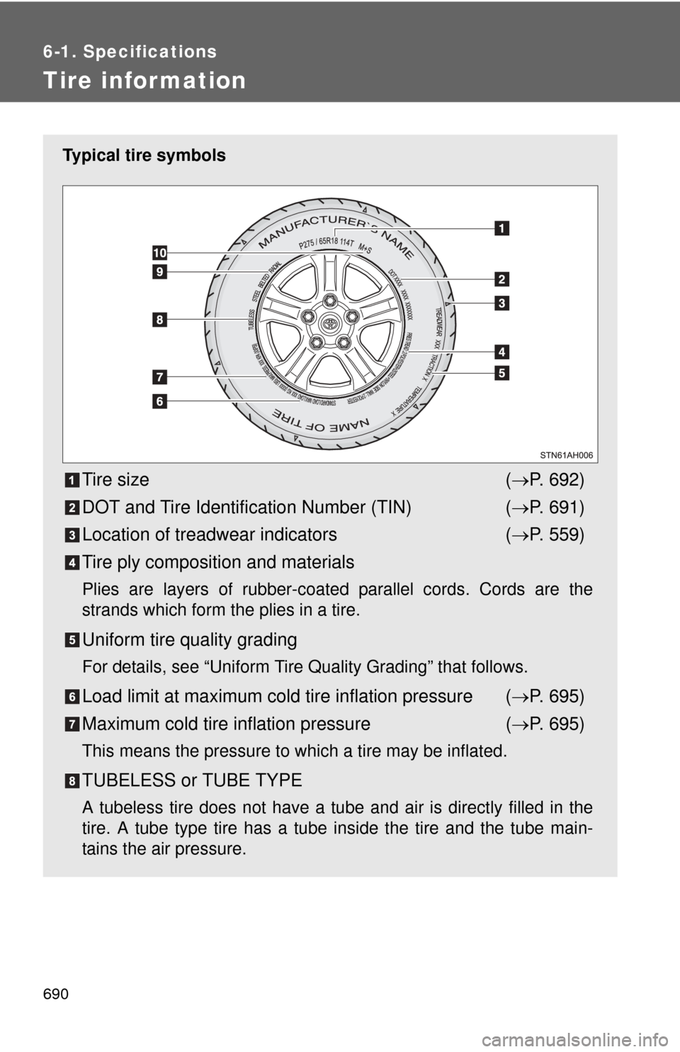 TOYOTA TUNDRA 2013 2.G Owners Manual 690
6-1. Specifications
Tire infor mation
Typical tire symbols
Tire size( P. 692)
DOT and Tire Identification Number (TIN) ( P. 691)
Location of treadwear indicators ( P. 559)
Tire ply compos