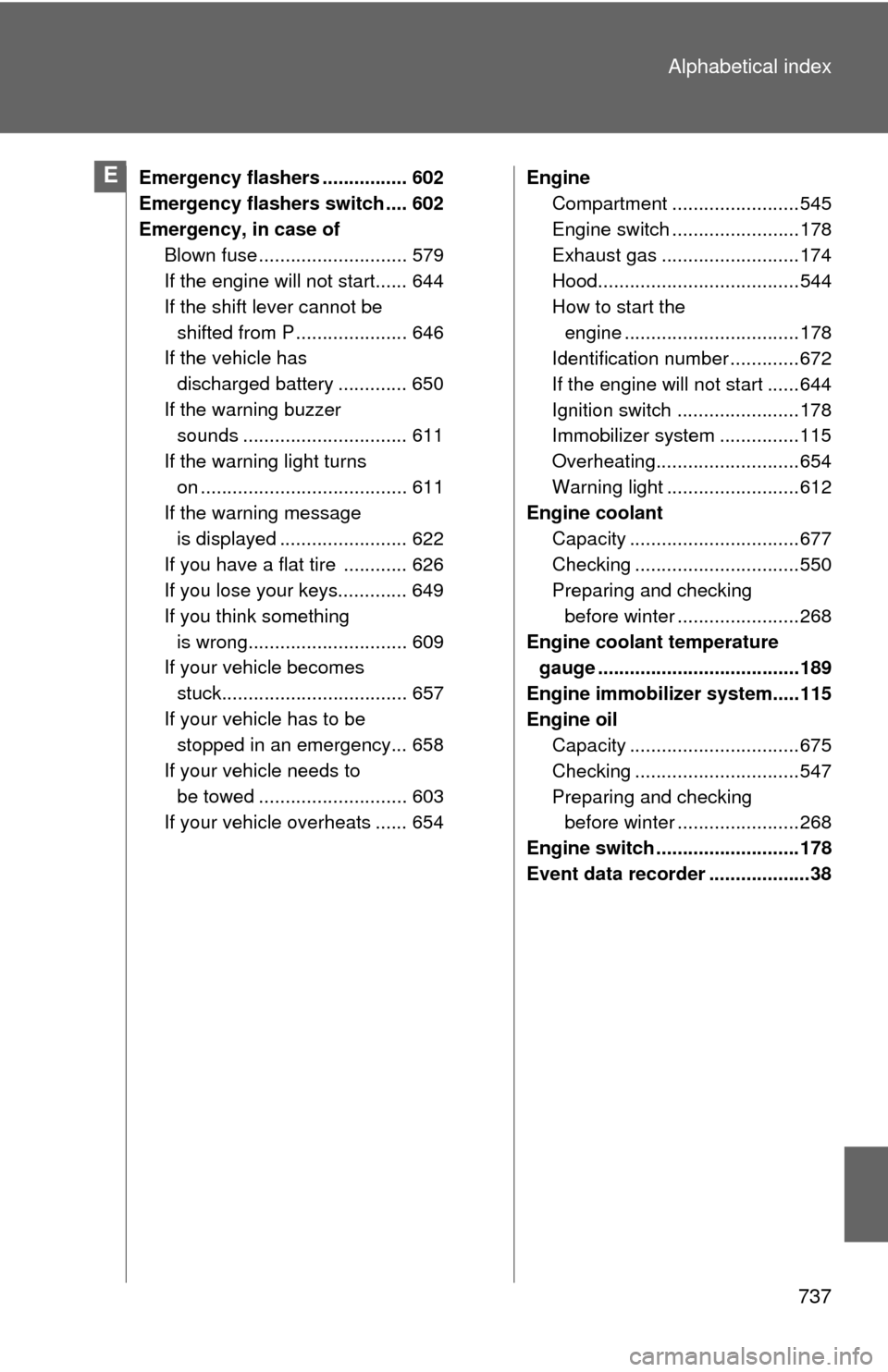 TOYOTA TUNDRA 2013 2.G Owners Manual 737
Alphabetical index
Emergency flashers ................ 602
Emergency flashers switch .... 602
Emergency, in case of
Blown fuse ............................ 579
If the engine will not start...... 6