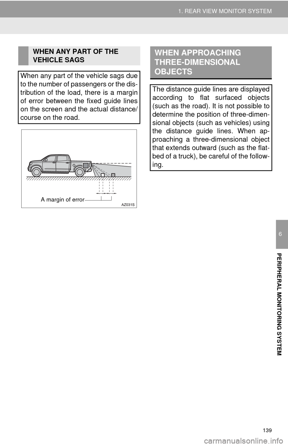 TOYOTA TUNDRA 2014 2.G Navigation Manual 139
1. REAR VIEW MONITOR SYSTEM
6
PERIPHERAL MONITORING SYSTEM
WHEN ANY PART OF THE
VEHICLE SAGS
When any part of the vehicle sags due
to the number of passengers or the dis-
tribution of the load, t TOYOTA TUNDRA 2014 2.G Navigation Manual 139
1. REAR VIEW MONITOR SYSTEM
6
PERIPHERAL MONITORING SYSTEM
WHEN ANY PART OF THE
VEHICLE SAGS
When any part of the vehicle sags due
to the number of passengers or the dis-
tribution of the load, t