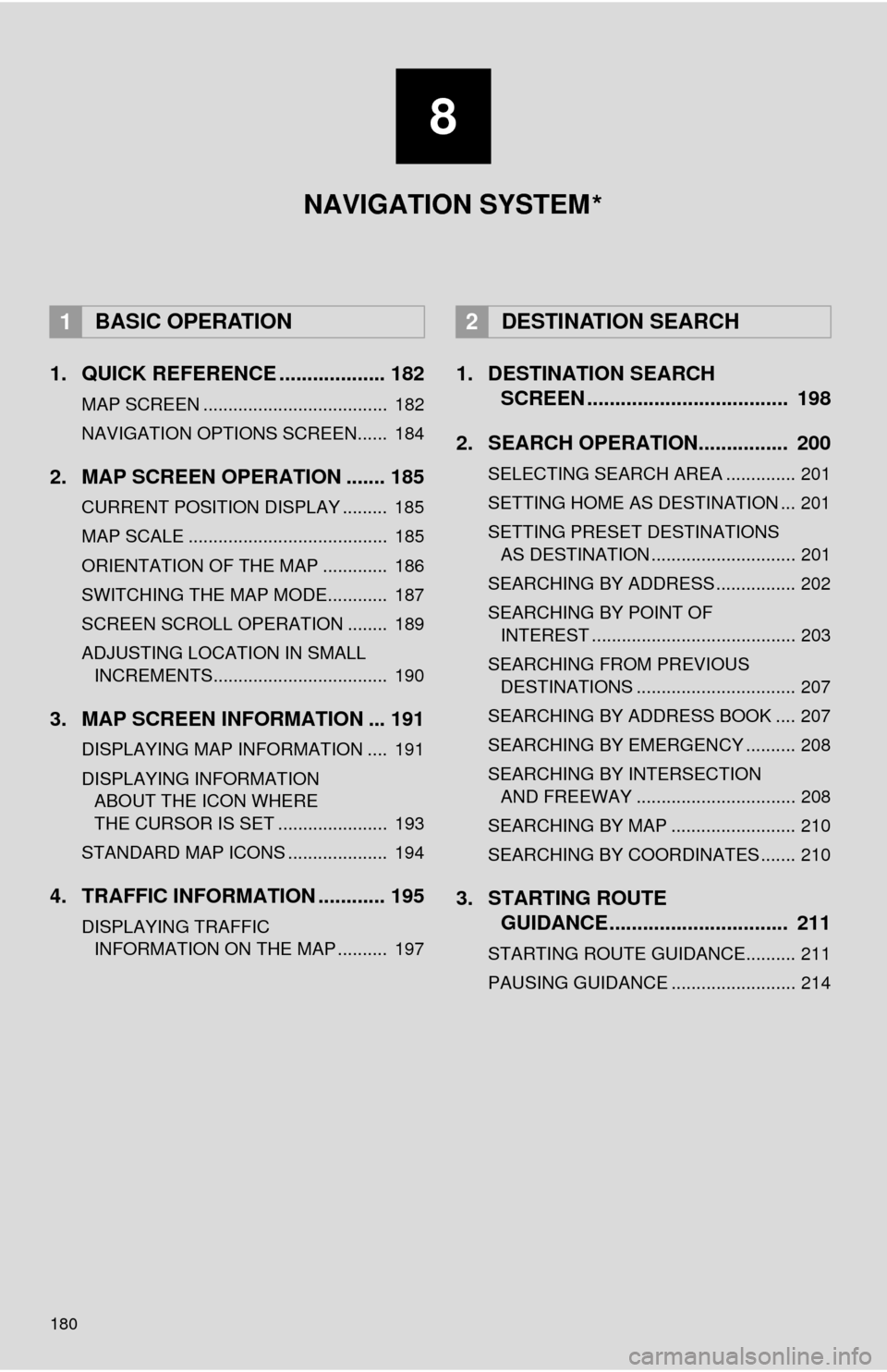 TOYOTA TUNDRA 2014 2.G Navigation Manual 180
1. QUICK REFERENCE ................... 182
MAP SCREEN ..................................... 182
NAVIGATION OPTIONS SCREEN...... 184
2. MAP SCREEN OPERATION ....... 185
CURRENT POSITION DISPLAY . TOYOTA TUNDRA 2014 2.G Navigation Manual 180
1. QUICK REFERENCE ................... 182
MAP SCREEN ..................................... 182
NAVIGATION OPTIONS SCREEN...... 184
2. MAP SCREEN OPERATION ....... 185
CURRENT POSITION DISPLAY .