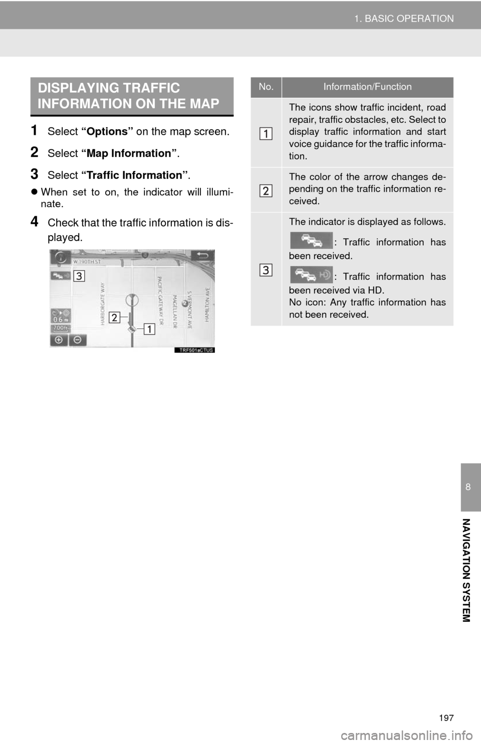 TOYOTA TUNDRA 2014 2.G Navigation Manual 197
1. BASIC OPERATION
8
NAVIGATION SYSTEM
1Select “Options” on the map screen.
2Select “Map Information”.
3Select “Traffic Information”.
When set to on, the indicator will illumi-
nate TOYOTA TUNDRA 2014 2.G Navigation Manual 197
1. BASIC OPERATION
8
NAVIGATION SYSTEM
1Select “Options” on the map screen.
2Select “Map Information”.
3Select “Traffic Information”.
When set to on, the indicator will illumi-
nate