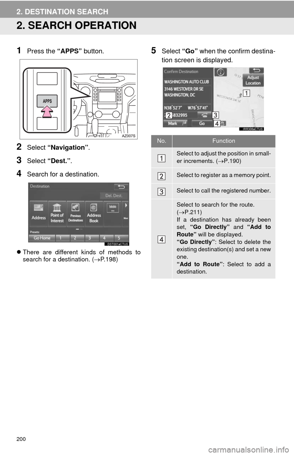 TOYOTA TUNDRA 2014 2.G Navigation Manual 200
2. DESTINATION SEARCH
2. SEARCH OPERATION
1Press the “APPS” button.
2Select “Navigation”.
3Select “Dest.”.
4Search for a destination.
There are different kinds of methods to
search TOYOTA TUNDRA 2014 2.G Navigation Manual 200
2. DESTINATION SEARCH
2. SEARCH OPERATION
1Press the “APPS” button.
2Select “Navigation”.
3Select “Dest.”.
4Search for a destination.
There are different kinds of methods to
search