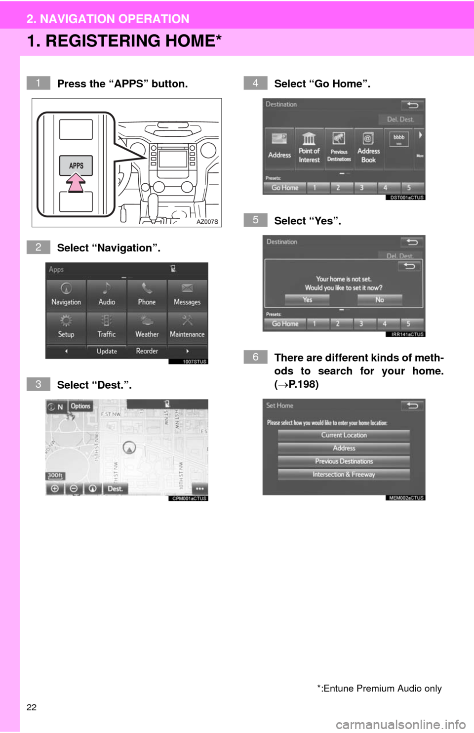 TOYOTA TUNDRA 2014 2.G Navigation Manual 22
2. NAVIGATION OPERATION
1. REGISTERING HOME*
Press the “APPS” button.
Select “Navigation”.
Select “Dest.”.Select “Go Home”.
Select “Yes”.
There are different kinds of meth-
ods 