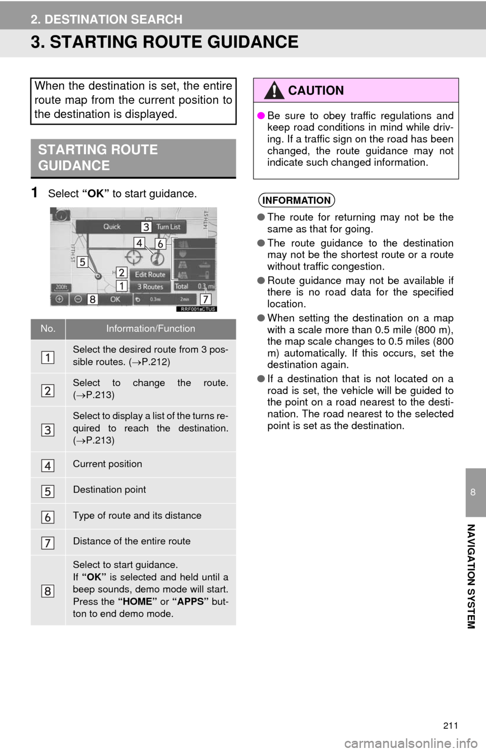 TOYOTA TUNDRA 2014 2.G Navigation Manual 211
2. DESTINATION SEARCH
8
NAVIGATION SYSTEM
3. STARTING ROUTE GUIDANCE
1Select “OK” to start guidance.
When the destination is set, the entire
route map from the current position to
the destinat TOYOTA TUNDRA 2014 2.G Navigation Manual 211
2. DESTINATION SEARCH
8
NAVIGATION SYSTEM
3. STARTING ROUTE GUIDANCE
1Select “OK” to start guidance.
When the destination is set, the entire
route map from the current position to
the destinat