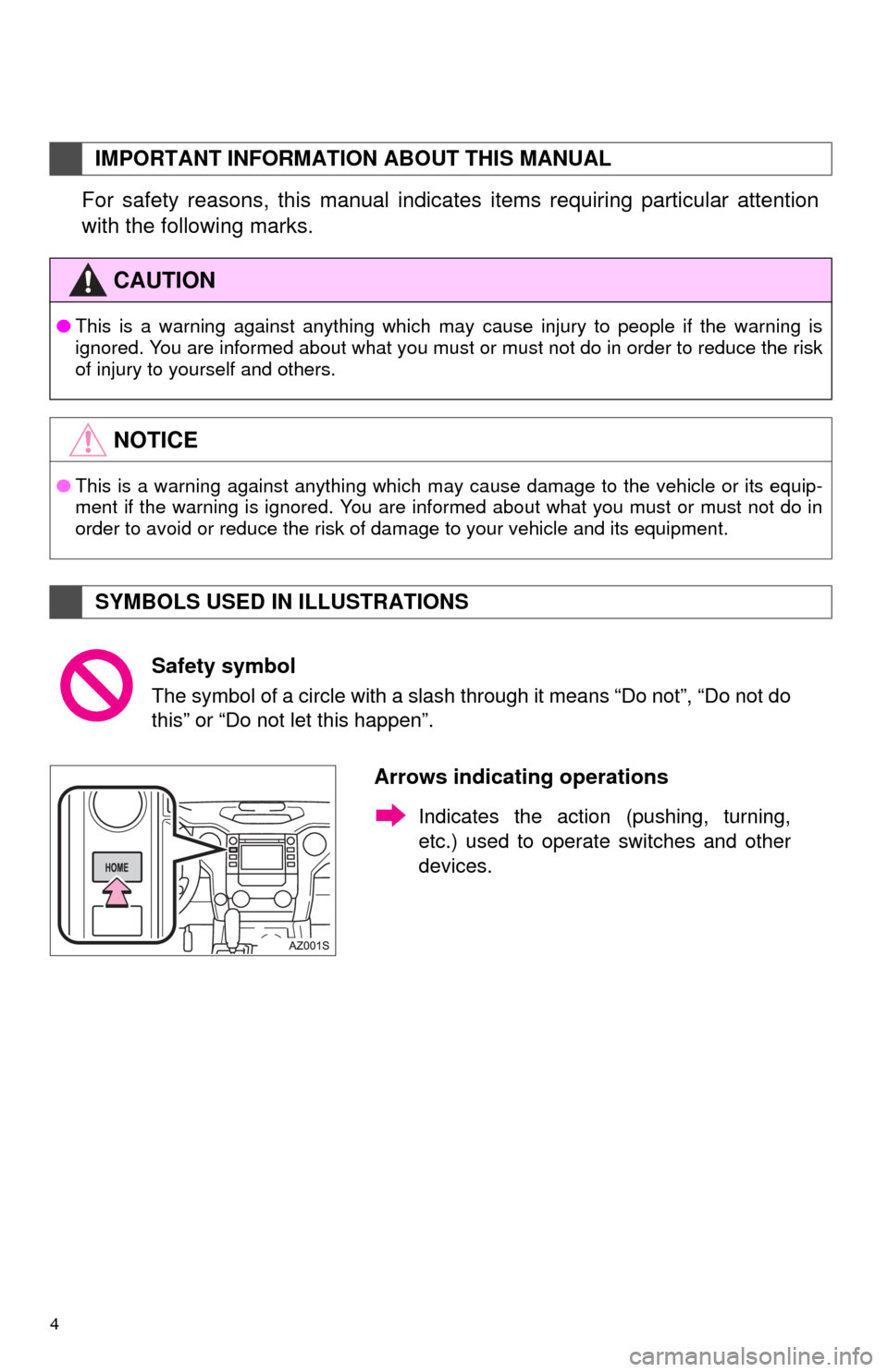 TOYOTA TUNDRA 2014 2.G Navigation Manual 4
For safety reasons, this manual indicates items requiring particular attention
with the following marks.
IMPORTANT INFORMATION ABOUT THIS MANUAL
CAUTION
●This is a warning against anything which m