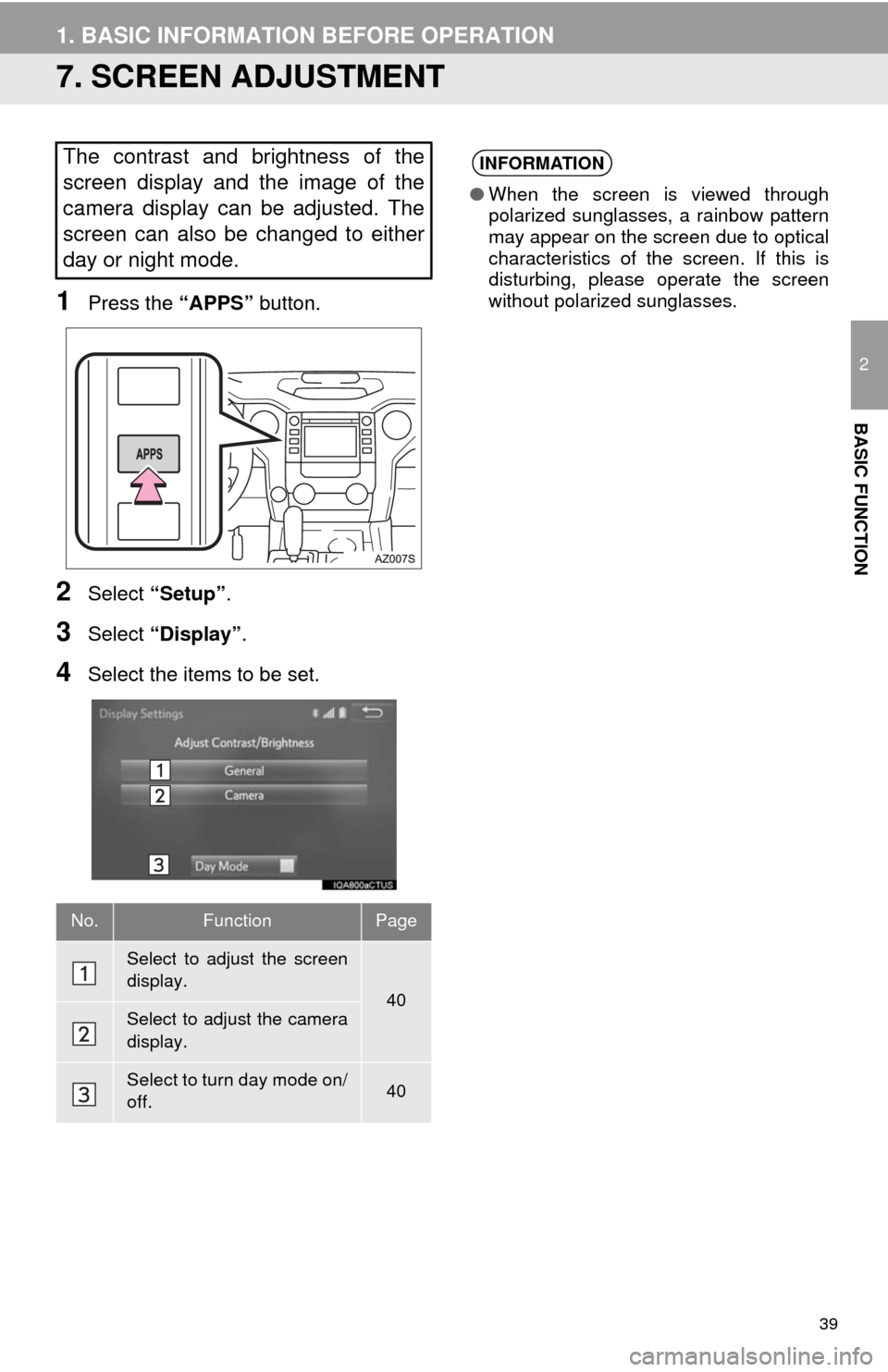 TOYOTA TUNDRA 2014 2.G Navigation Manual 39
1. BASIC INFORMATION BEFORE OPERATION
2
BASIC FUNCTION
7. SCREEN ADJUSTMENT
1Press the “APPS” button.
2Select “Setup”.
3Select “Display”.
4Select the items to be set.
The contrast and b TOYOTA TUNDRA 2014 2.G Navigation Manual 39
1. BASIC INFORMATION BEFORE OPERATION
2
BASIC FUNCTION
7. SCREEN ADJUSTMENT
1Press the “APPS” button.
2Select “Setup”.
3Select “Display”.
4Select the items to be set.
The contrast and b