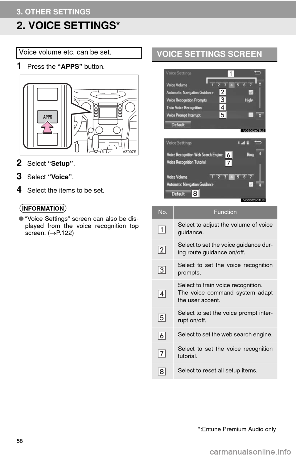 TOYOTA TUNDRA 2014 2.G Navigation Manual 58
3. OTHER SETTINGS
2. VOICE SETTINGS*
1Press the “APPS” button.
2Select “Setup”.
3Select “Voice”.
4Select the items to be set.
Voice volume etc. can be set.
INFORMATION
●“Voice Setti TOYOTA TUNDRA 2014 2.G Navigation Manual 58
3. OTHER SETTINGS
2. VOICE SETTINGS*
1Press the “APPS” button.
2Select “Setup”.
3Select “Voice”.
4Select the items to be set.
Voice volume etc. can be set.
INFORMATION
●“Voice Setti
