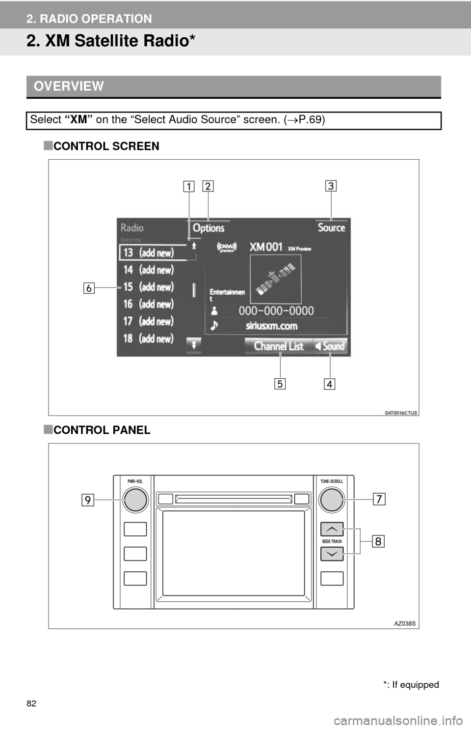 TOYOTA TUNDRA 2014 2.G Navigation Manual 82
2. RADIO OPERATION
2. XM Satellite Radio*
■CONTROL SCREEN
■CONTROL PANEL
OVERVIEW
Select “XM” on the “Select Audio Source” screen. (P.69)
*: If equipped TOYOTA TUNDRA 2014 2.G Navigation Manual 82
2. RADIO OPERATION
2. XM Satellite Radio*
■CONTROL SCREEN
■CONTROL PANEL
OVERVIEW
Select “XM” on the “Select Audio Source” screen. (P.69)
*: If equipped