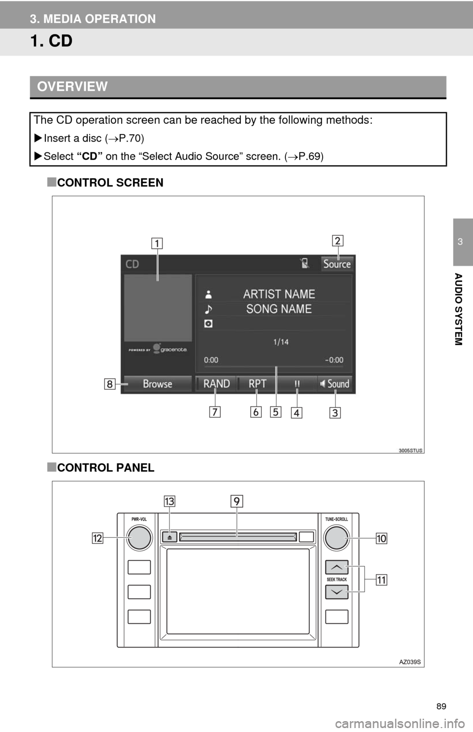 TOYOTA TUNDRA 2014 2.G Navigation Manual 89
3
AUDIO SYSTEM
3. MEDIA OPERATION
1. CD
■CONTROL SCREEN
■CONTROL PANEL
OVERVIEW
The CD operation screen can be reached by the following methods:
Insert a disc (P.70)
Select “CD” o TOYOTA TUNDRA 2014 2.G Navigation Manual 89
3
AUDIO SYSTEM
3. MEDIA OPERATION
1. CD
■CONTROL SCREEN
■CONTROL PANEL
OVERVIEW
The CD operation screen can be reached by the following methods:
Insert a disc (P.70)
Select “CD” o
