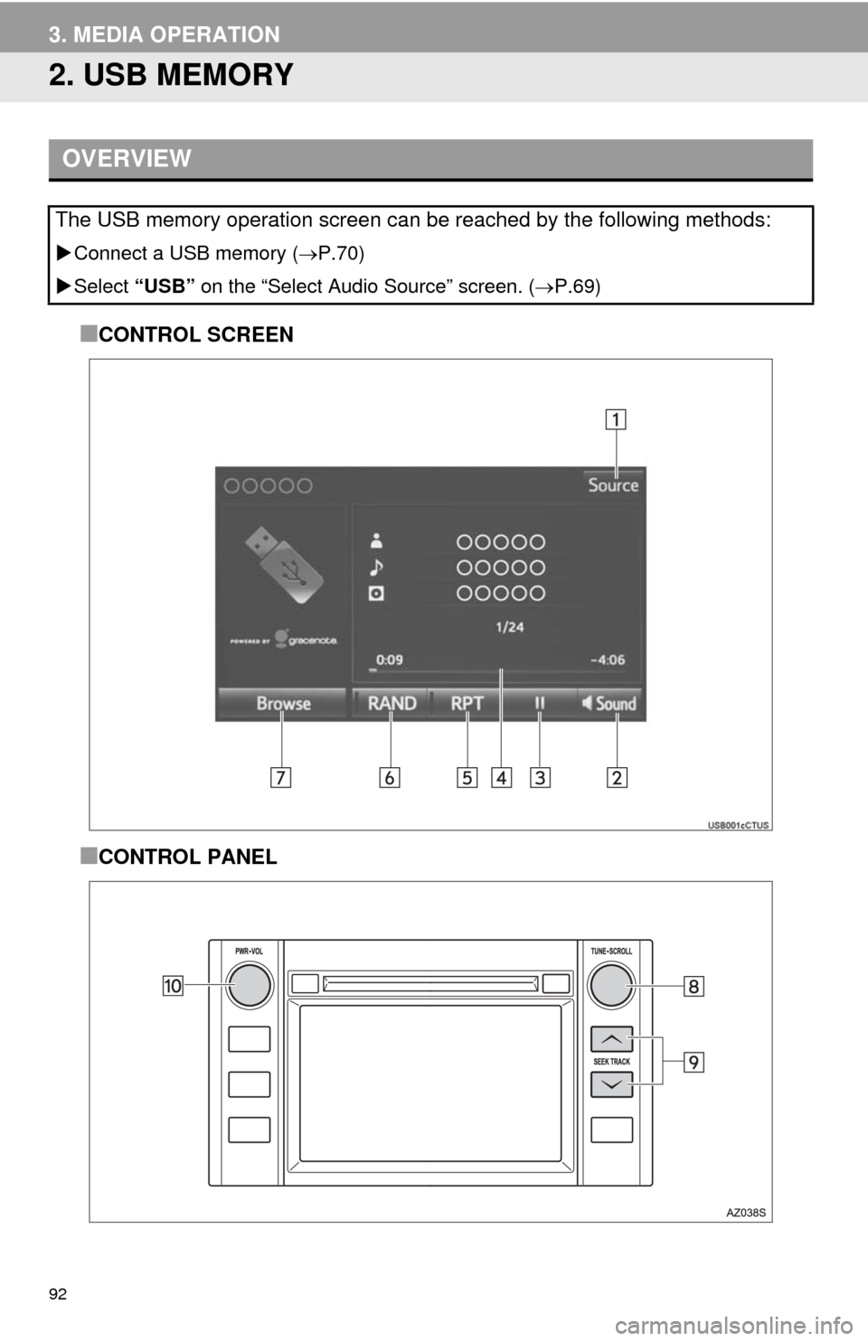 TOYOTA TUNDRA 2014 2.G Navigation Manual 92
3. MEDIA OPERATION
2. USB MEMORY
■CONTROL SCREEN
■CONTROL PANEL
OVERVIEW
The USB memory operation screen can be reached by the following methods: 
Connect a USB memory (P.70)
Select 