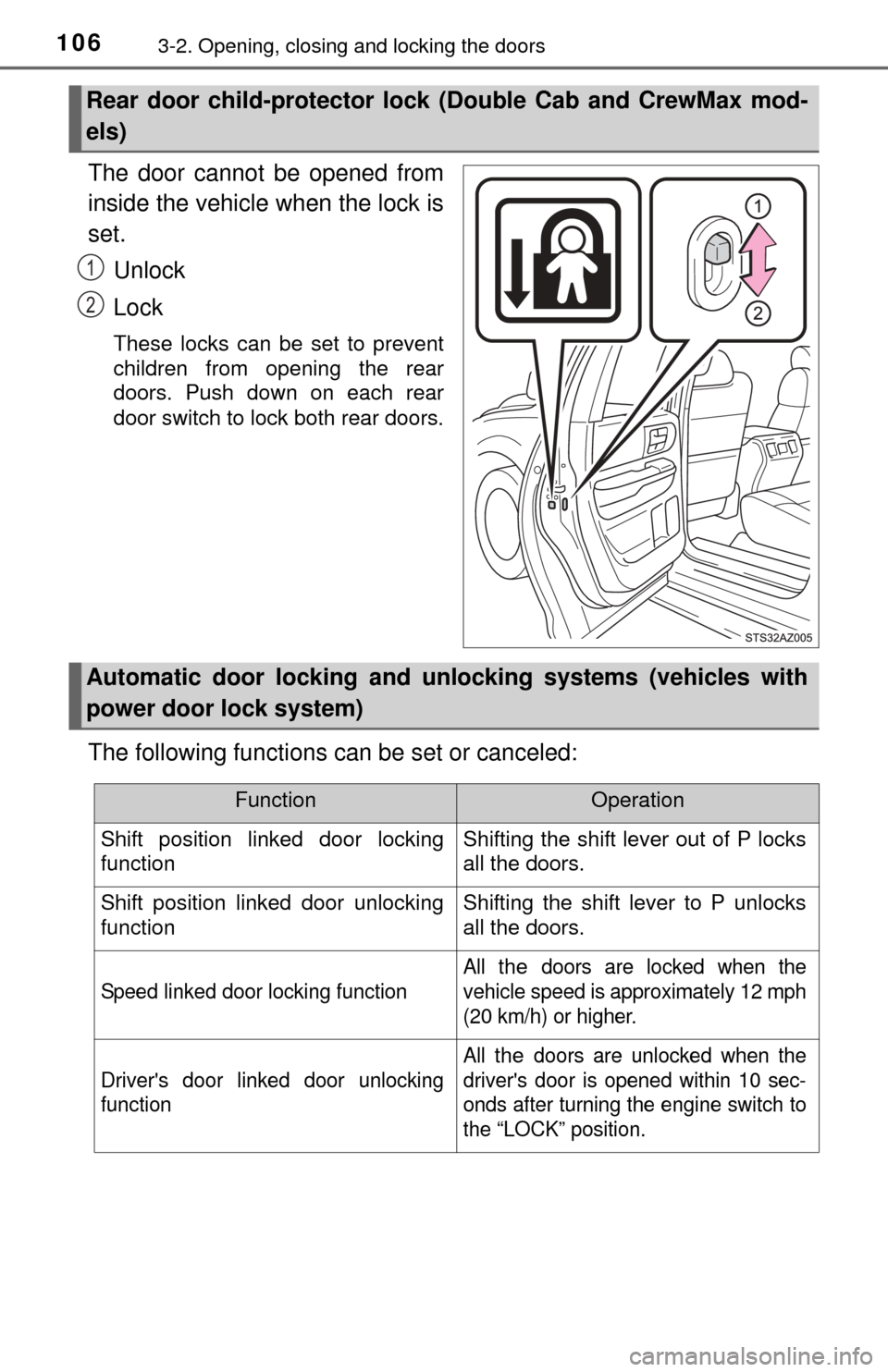 TOYOTA TUNDRA 2014 2.G Owners Manual 1063-2. Opening, closing and locking the doors
The door cannot be opened from
inside the vehicle when the lock is
set.Unlock
Lock
These locks can be set to prevent
children from opening the rear
doors
