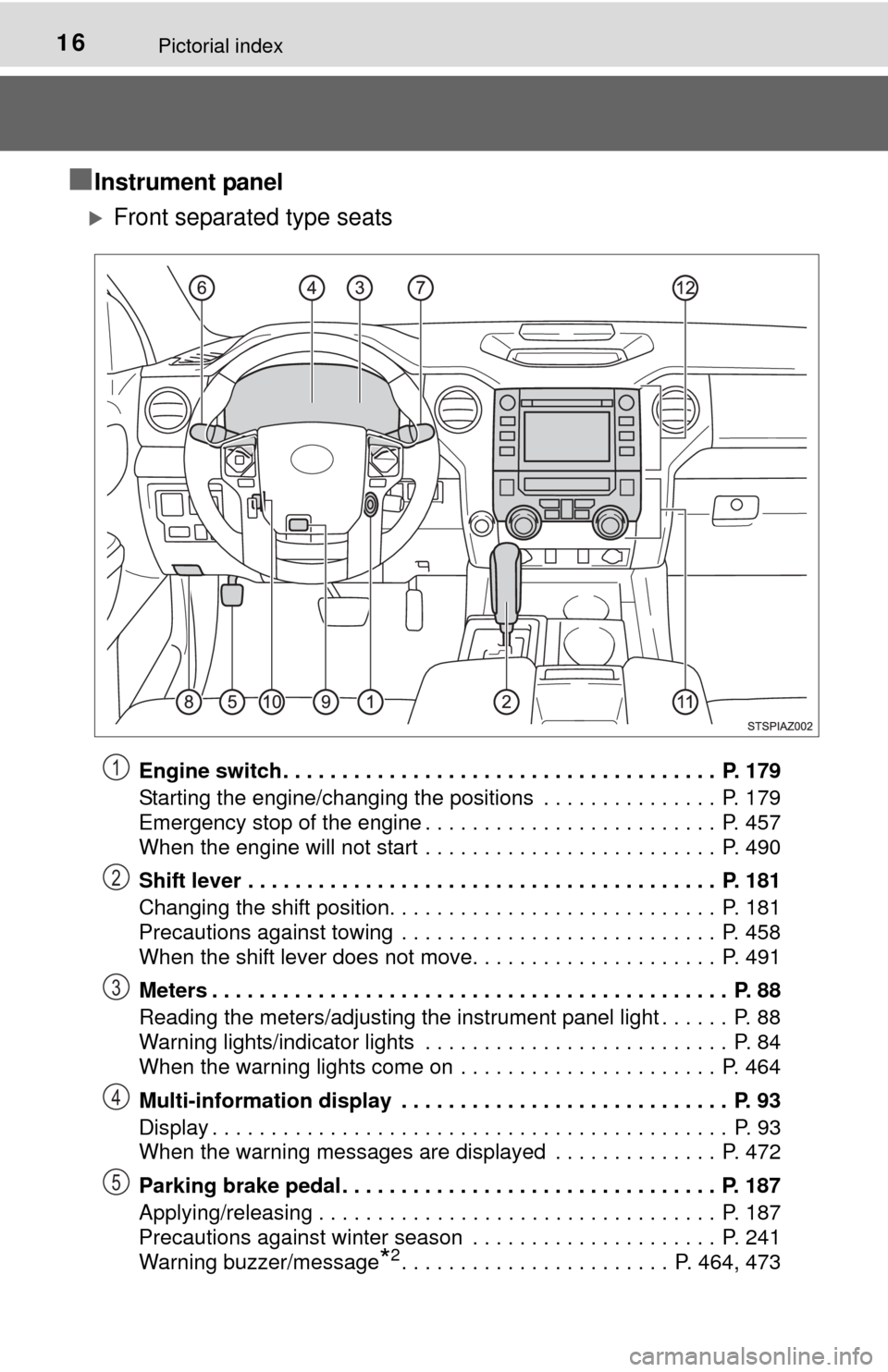 TOYOTA TUNDRA 2014 2.G Owners Manual 16Pictorial index
■Instrument panel
Front separated type seats
Engine switch . . . . . . . . . . . . . . . . . . . . . . . . . . . . . . . . . . . . .  P. 179
Starting the engine/changing the pos