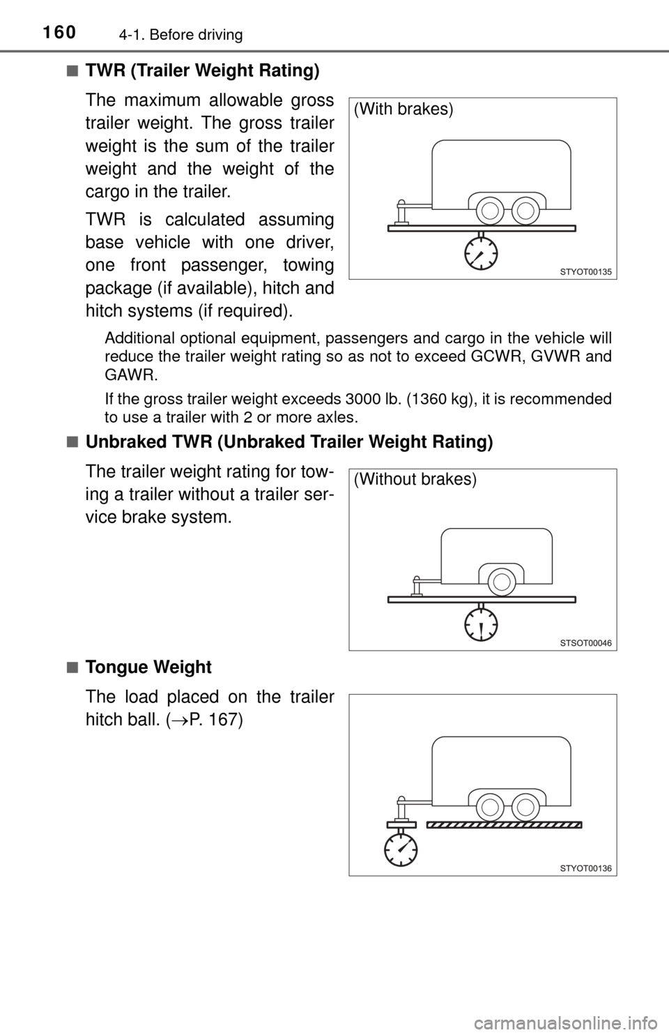 TOYOTA TUNDRA 2014 2.G Owners Manual 1604-1. Before driving
■TWR (Trailer Weight Rating)
The maximum allowable gross
trailer weight. The gross trailer
weight is the sum of the trailer
weight and the weight of the
cargo in the trailer.
