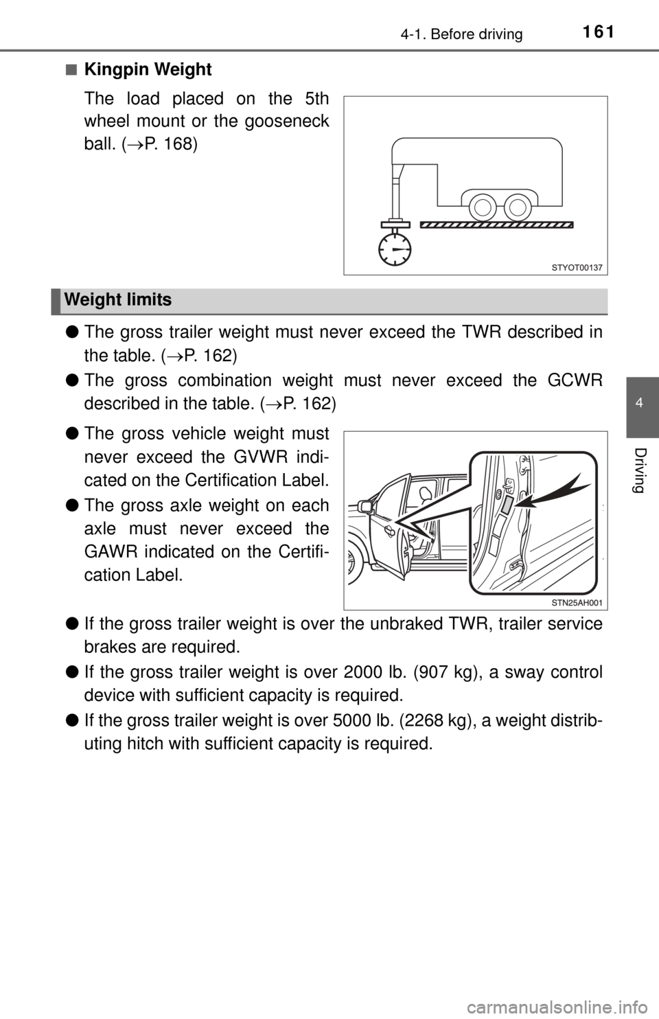 TOYOTA TUNDRA 2014 2.G Owners Manual 1614-1. Before driving
4
Driving
■Kingpin Weight
The load placed on the 5th
wheel mount or the gooseneck
ball. (P. 168)
● The gross trailer weight must never exceed the TWR described in
the ta TOYOTA TUNDRA 2014 2.G Owners Manual 1614-1. Before driving
4
Driving
■Kingpin Weight
The load placed on the 5th
wheel mount or the gooseneck
ball. (P. 168)
● The gross trailer weight must never exceed the TWR described in
the ta