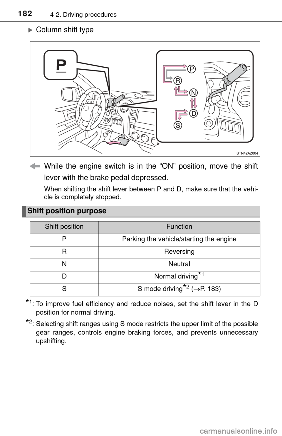 TOYOTA TUNDRA 2014 2.G Owners Manual 1824-2. Driving procedures
Column shift typeWhile the engine switch is in the “ON” position, move the shift
lever with the brake pedal depressed.
When shifting the shift lever between P and D, 