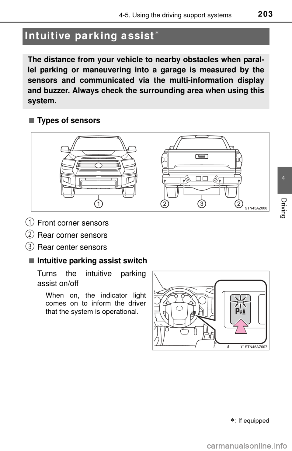 TOYOTA TUNDRA 2014 2.G Owners Manual 2034-5. Using the driving support systems
4
Driving
Intuitive parking assist
■Types of sensors
■Intuitive parking assist switch
Turns the intuitive parking
assist on/off
When on, the indicator 