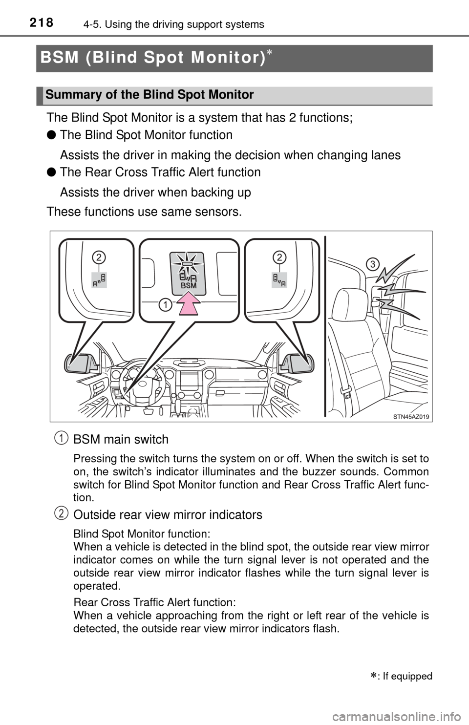 TOYOTA TUNDRA 2014 2.G Owners Manual 2184-5. Using the driving support systems
BSM (Blind Spot Monitor)
The Blind Spot Monitor is a system that has 2 functions;
● The Blind Spot Monitor function
Assists the driver in making the dec TOYOTA TUNDRA 2014 2.G Owners Manual 2184-5. Using the driving support systems
BSM (Blind Spot Monitor)
The Blind Spot Monitor is a system that has 2 functions;
● The Blind Spot Monitor function
Assists the driver in making the dec