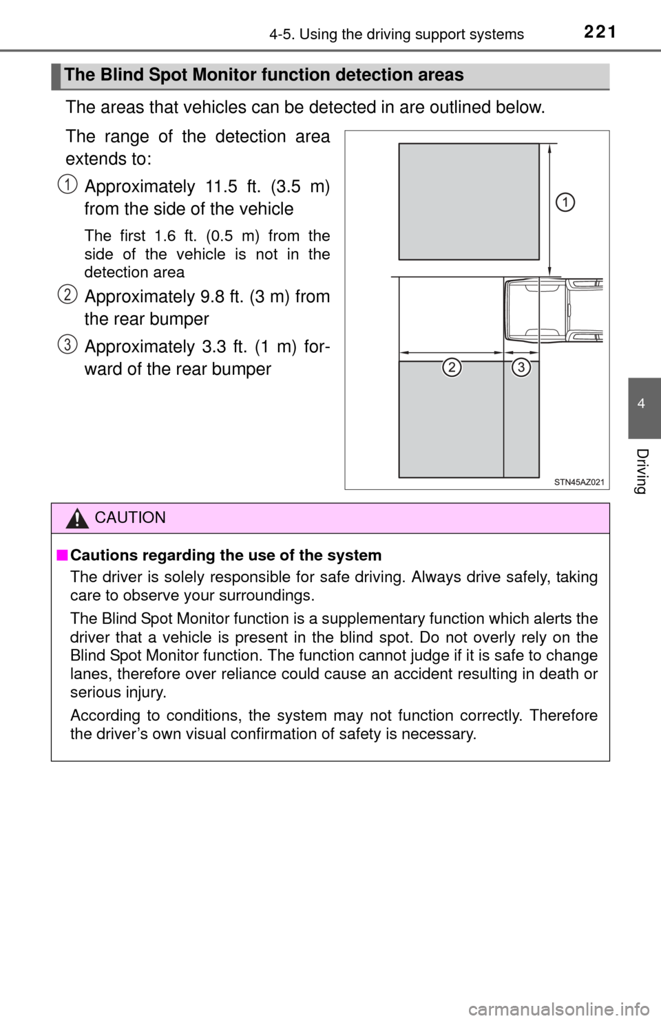 TOYOTA TUNDRA 2014 2.G Owners Manual 2214-5. Using the driving support systems
4
Driving
The areas that vehicles can be detected in are outlined below.
The range of the detection area
extends to: Approximately 11.5 ft. (3.5 m)
from the s TOYOTA TUNDRA 2014 2.G Owners Manual 2214-5. Using the driving support systems
4
Driving
The areas that vehicles can be detected in are outlined below.
The range of the detection area
extends to: Approximately 11.5 ft. (3.5 m)
from the s