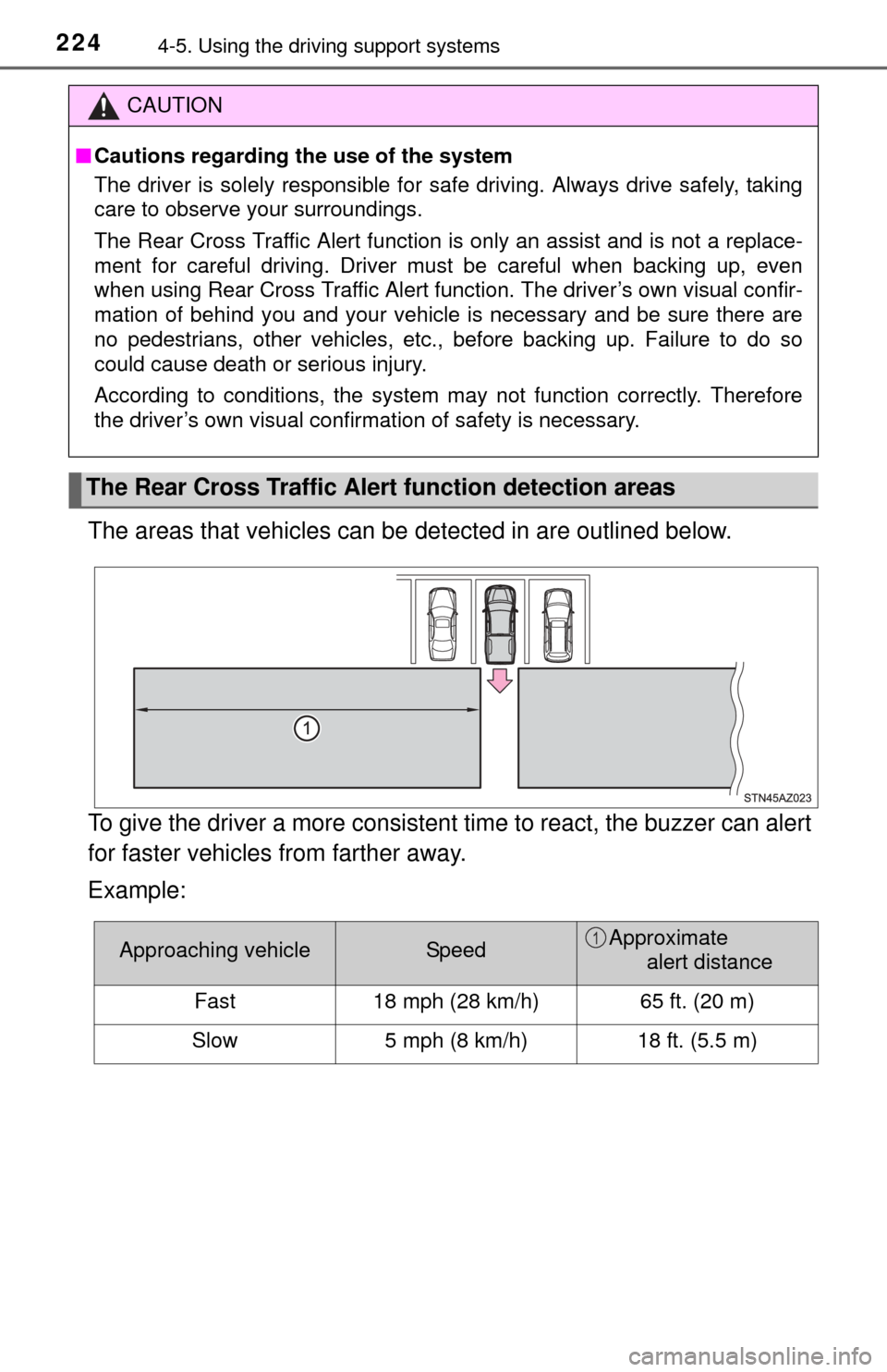 TOYOTA TUNDRA 2014 2.G Owners Manual 2244-5. Using the driving support systems
The areas that vehicles can be detected in are outlined below.
To give the driver a more consistent time to react, the buzzer can alert
for faster vehicles f TOYOTA TUNDRA 2014 2.G Owners Manual 2244-5. Using the driving support systems
The areas that vehicles can be detected in are outlined below.
To give the driver a more consistent time to react, the buzzer can alert
for faster vehicles f