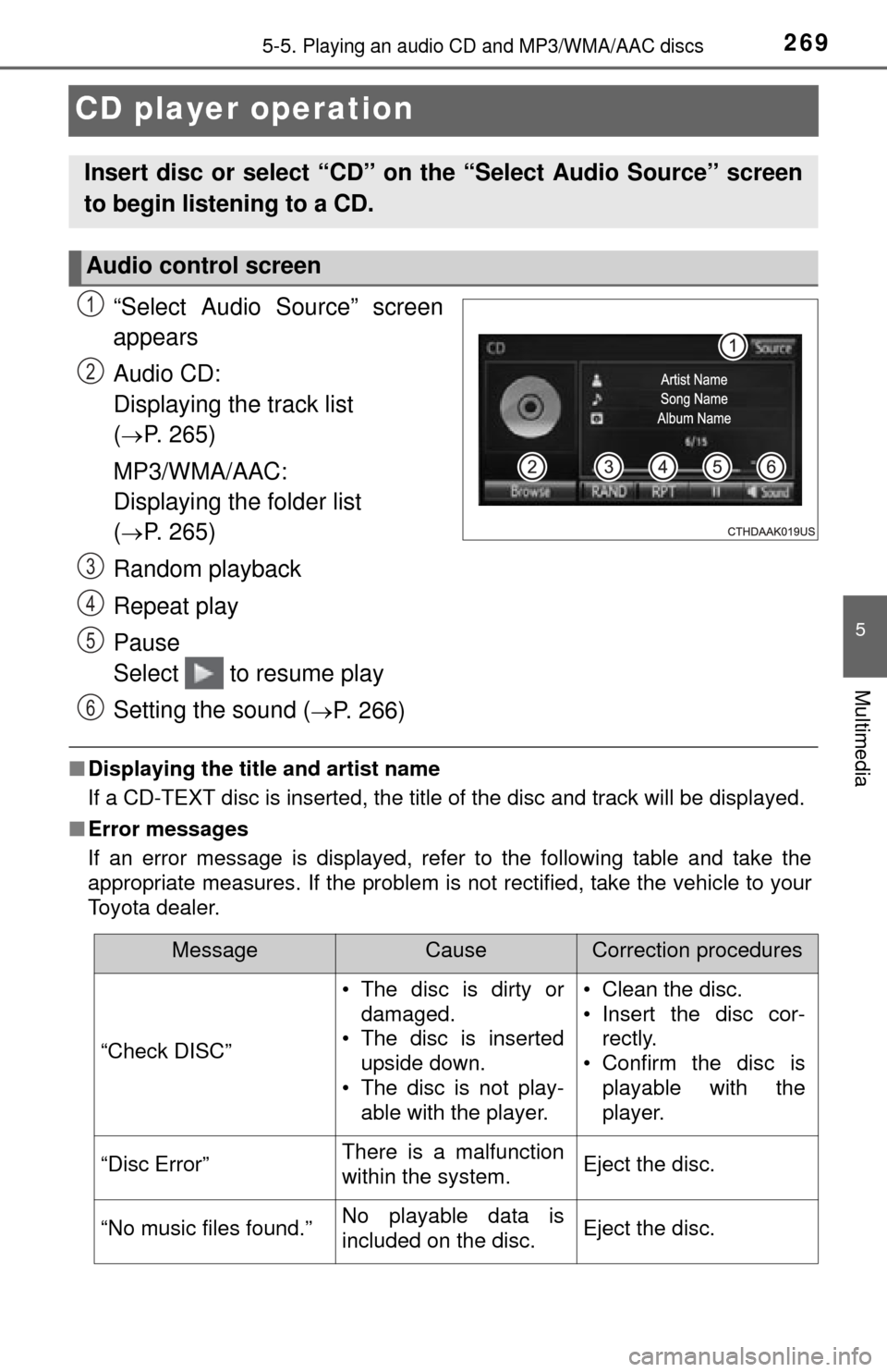 TOYOTA TUNDRA 2014 2.G Owners Manual 2695-5. Playing an audio CD and MP3/WMA/AAC discs
5
Multimedia
CD player operation
“Select Audio Source” screen
appears
Audio CD:
Displaying the track list
(
P. 265)
MP3/WMA/AAC:
Displaying TOYOTA TUNDRA 2014 2.G Owners Manual 2695-5. Playing an audio CD and MP3/WMA/AAC discs
5
Multimedia
CD player operation
“Select Audio Source” screen
appears
Audio CD:
Displaying the track list
(
P. 265)
MP3/WMA/AAC:
Displaying