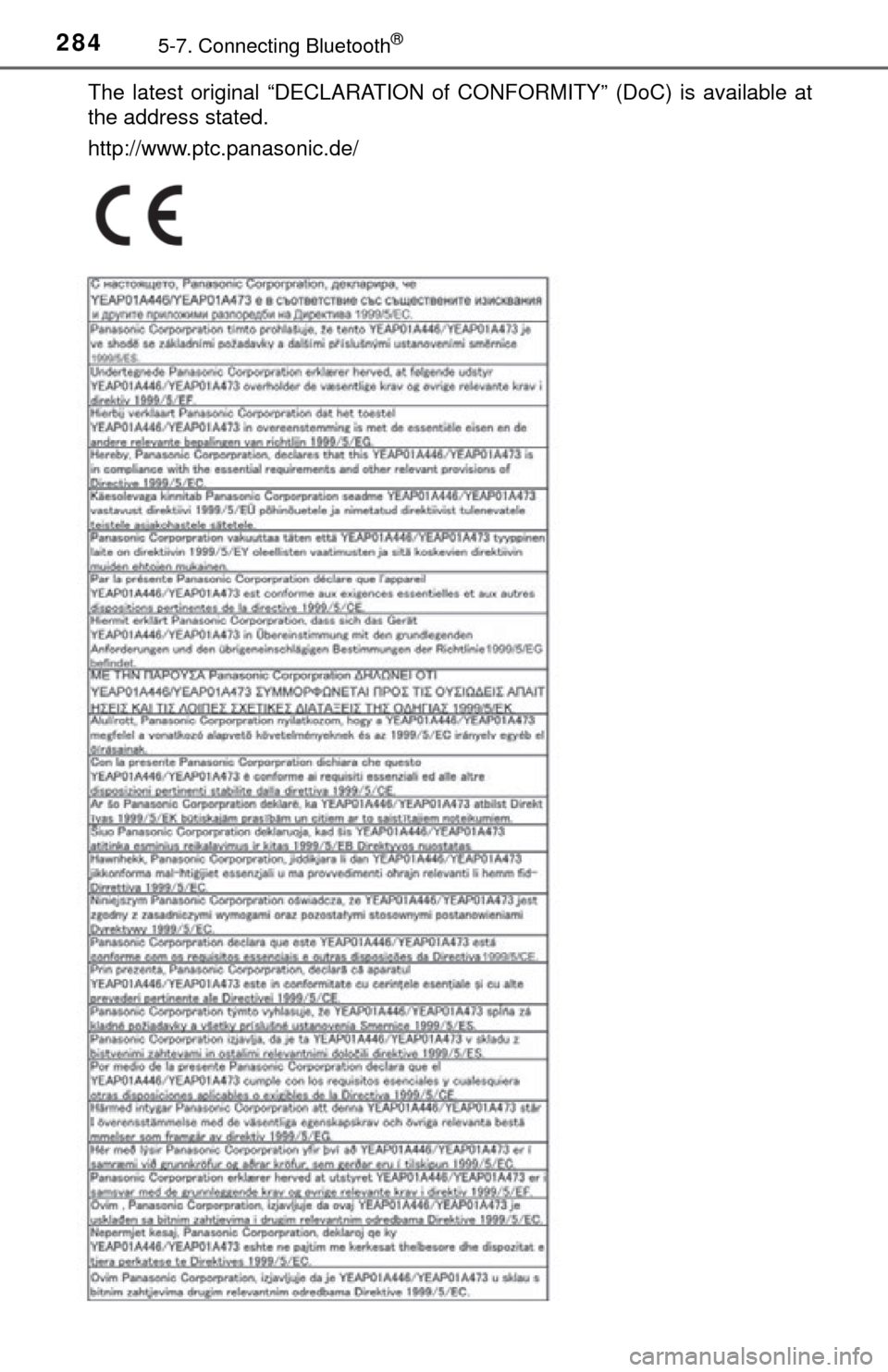 TOYOTA TUNDRA 2014 2.G Owners Manual 2845-7. Connecting Bluetooth®
The latest original “DECLARATION of CONFORMITY” (DoC) is available at
the address stated.
http://www.ptc.panasonic.de/ TOYOTA TUNDRA 2014 2.G Owners Manual 2845-7. Connecting Bluetooth®
The latest original “DECLARATION of CONFORMITY” (DoC) is available at
the address stated.
http://www.ptc.panasonic.de/