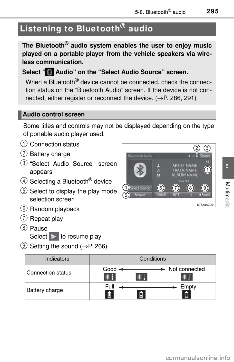 TOYOTA TUNDRA 2014 2.G Owners Manual 2955-8. Bluetooth® audio
5
Multimedia
Listening to Bluetooth® audio
Some titles and controls may not be displayed depending on the type
of portable audio player used.Connection status
Battery charge TOYOTA TUNDRA 2014 2.G Owners Manual 2955-8. Bluetooth® audio
5
Multimedia
Listening to Bluetooth® audio
Some titles and controls may not be displayed depending on the type
of portable audio player used.Connection status
Battery charge