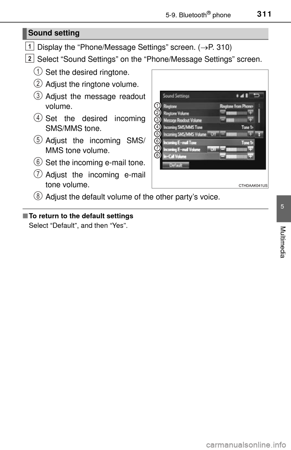 TOYOTA TUNDRA 2014 2.G Owners Manual 3115-9. Bluetooth® phone
5
Multimedia
Display the “Phone/Message Settings” screen. (P. 310)
Select “Sound Settings” on the “Phone/Message Settings” screen.
Set the desired ringtone.
Ad TOYOTA TUNDRA 2014 2.G Owners Manual 3115-9. Bluetooth® phone
5
Multimedia
Display the “Phone/Message Settings” screen. (P. 310)
Select “Sound Settings” on the “Phone/Message Settings” screen.
Set the desired ringtone.
Ad