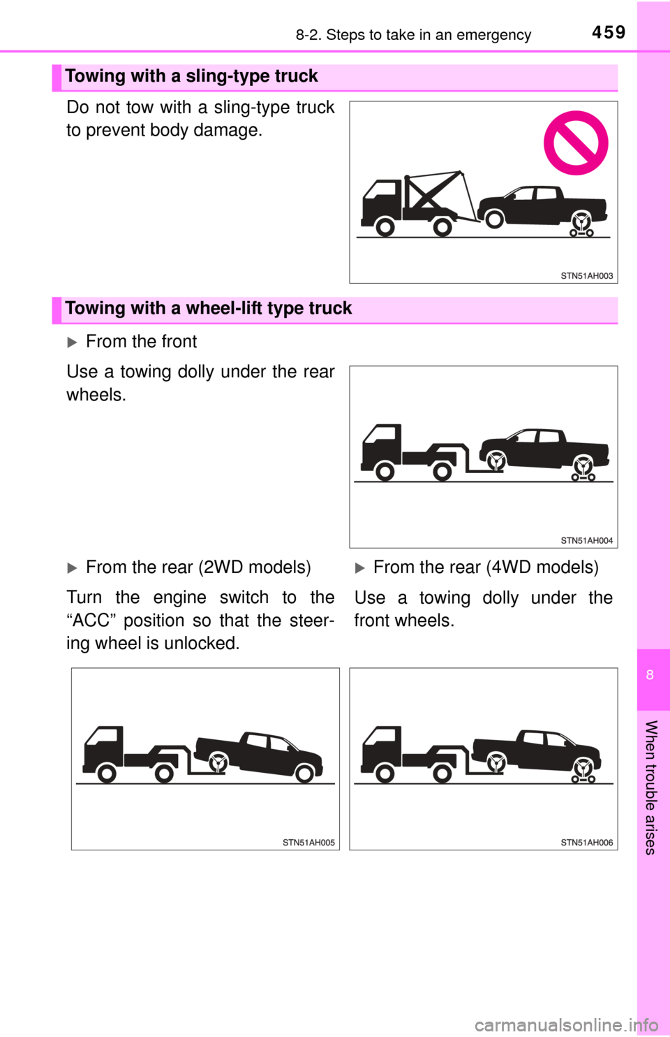 TOYOTA TUNDRA 2014 2.G Owners Manual 4598-2. Steps to take in an emergency
8
When trouble arises
Do not tow with a sling-type truck
to prevent body damage.
Towing with a sling-type truck
Towing with a wheel-lift type truck
From the fr