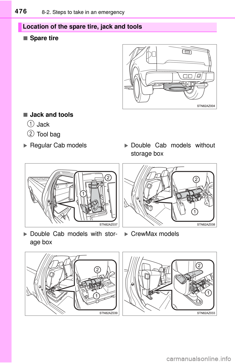 TOYOTA TUNDRA 2014 2.G Owners Manual 4768-2. Steps to take in an emergency
■Spare tire
■Jack and toolsJack
Tool bag
Location of the spare tire, jack and tools
1
2
Regular Cab modelsDouble Cab models without
storage box
Doubl